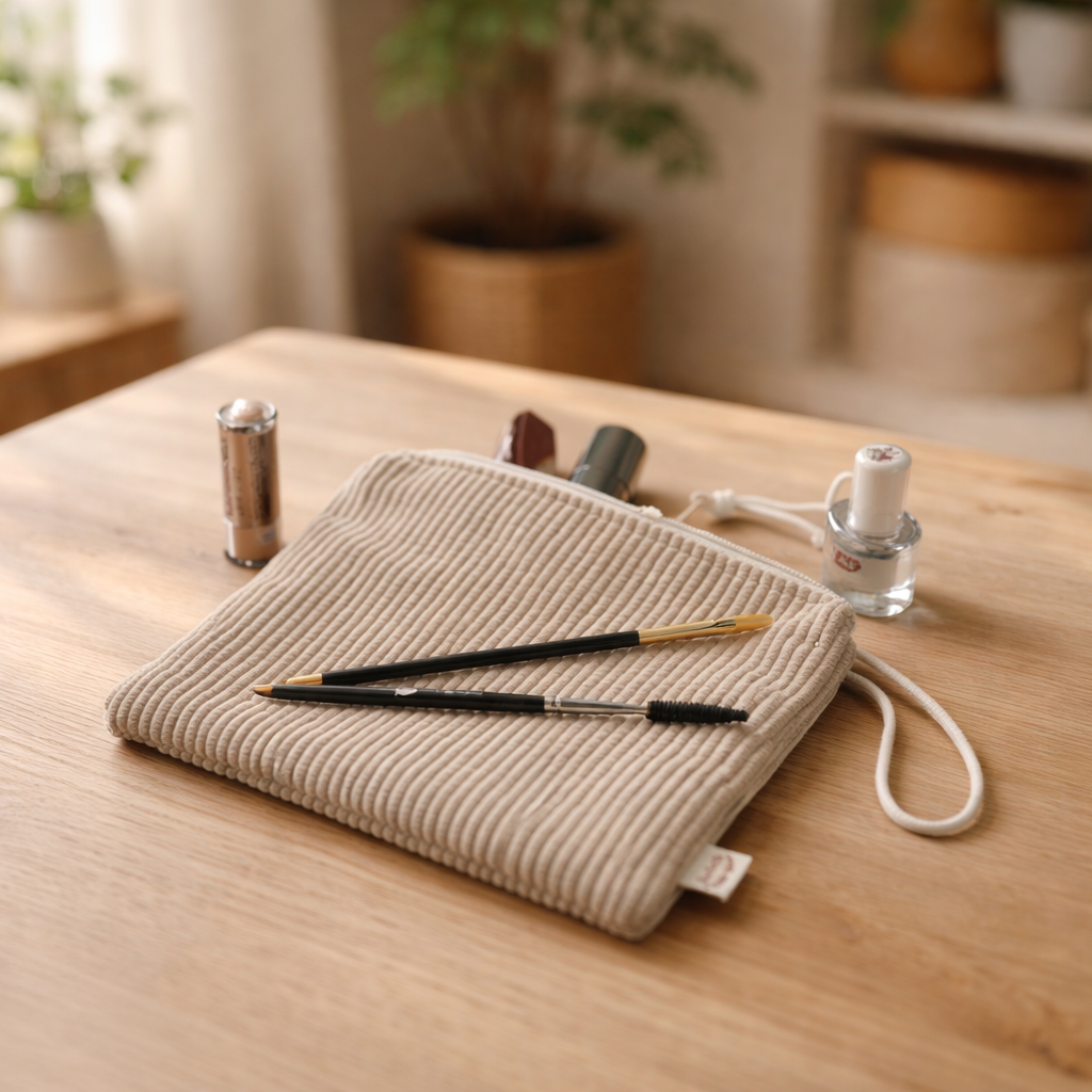 Handgefertigtes Cord-Nécessaire in Armee-Beige auf einem Holztisch mit Make Up Stiften