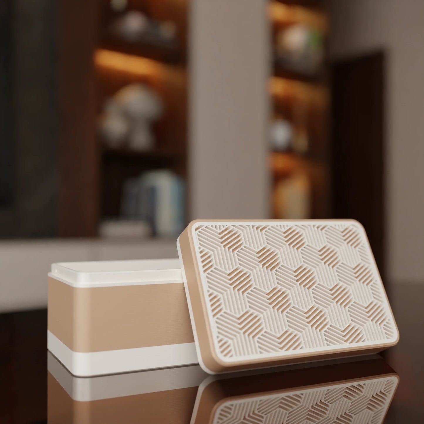 Elegant gift box Triangle with modern pattern, open, Small - 15x10x8, in color Peanut