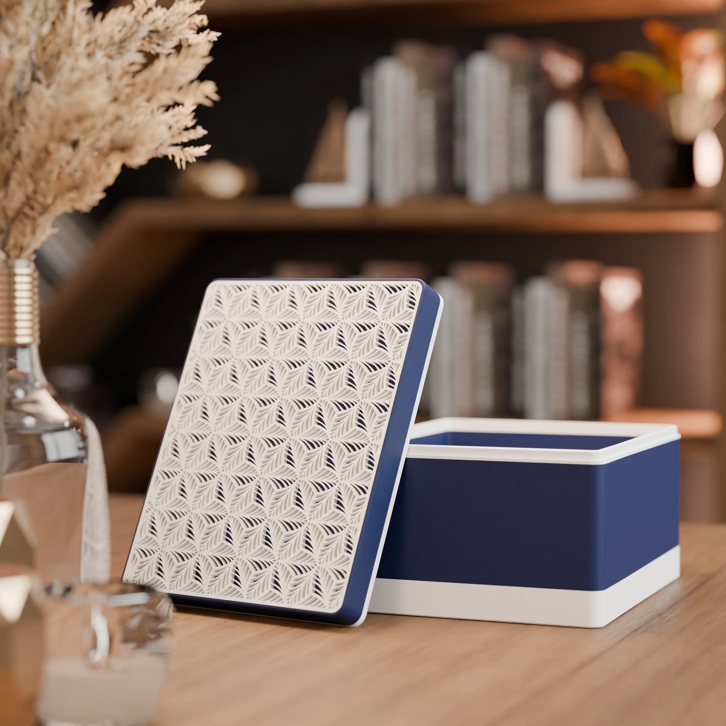 Elegante Geschenkbox, geöffnet, mit Blattmuster, Gross - 25x20x14, Farbe Army Dunkelblau