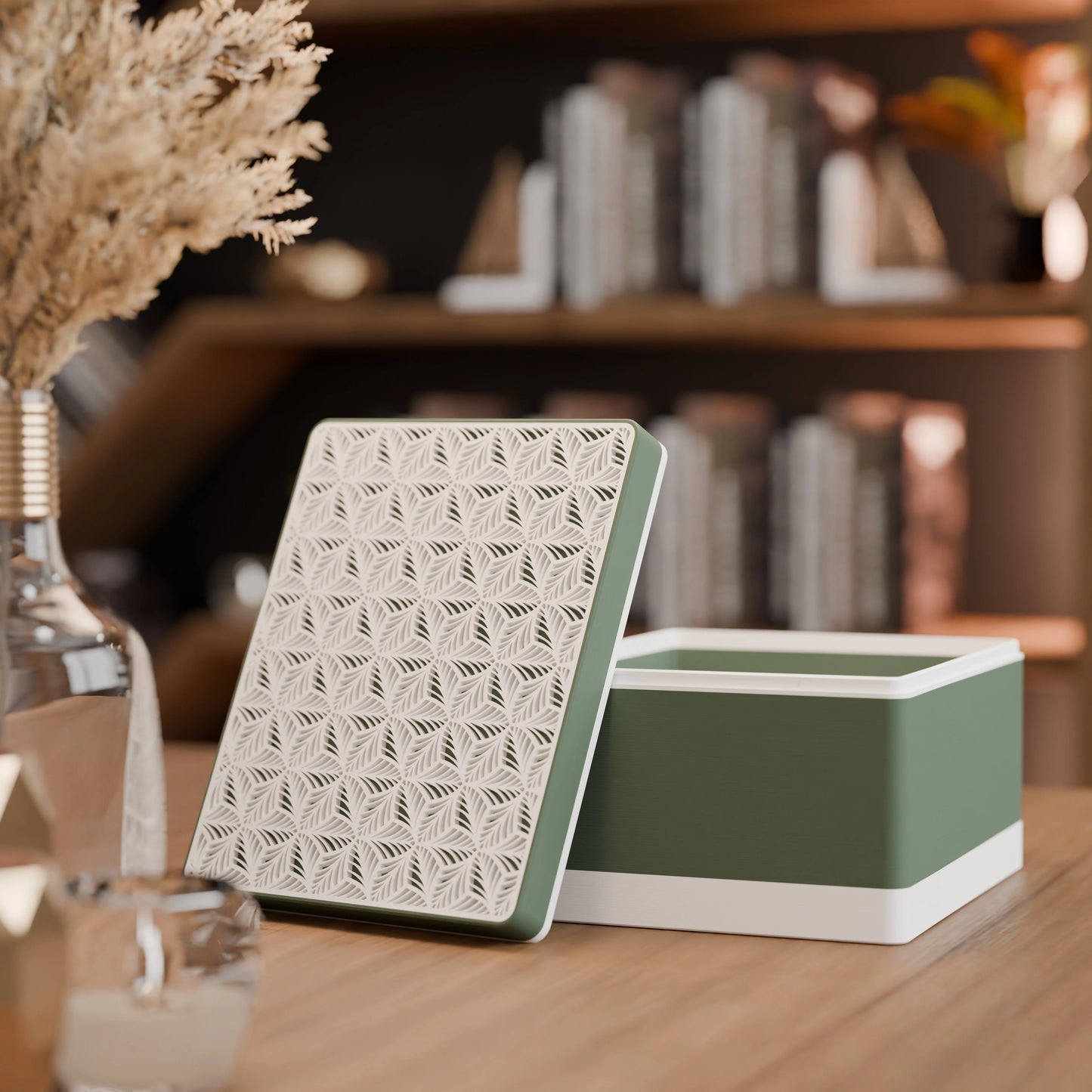 Elegante Geschenkbox, geöffnet, mit Blattmuster, Gross - 25x20x14, Farbe Army Dunkelgrün