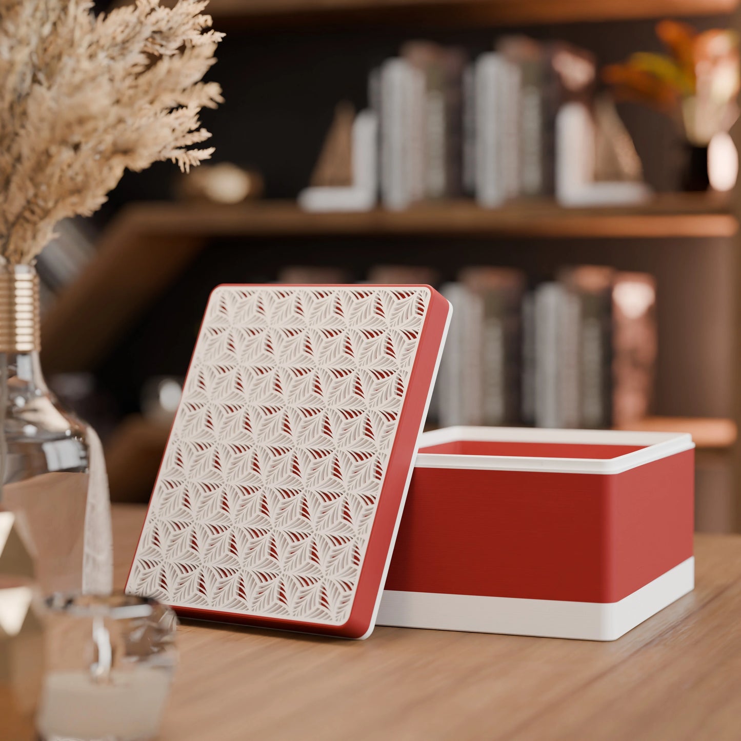 Elegante Geschenkbox, geöffnet, mit Blattmuster, Gross - 25x20x14, Farbe Army Rot