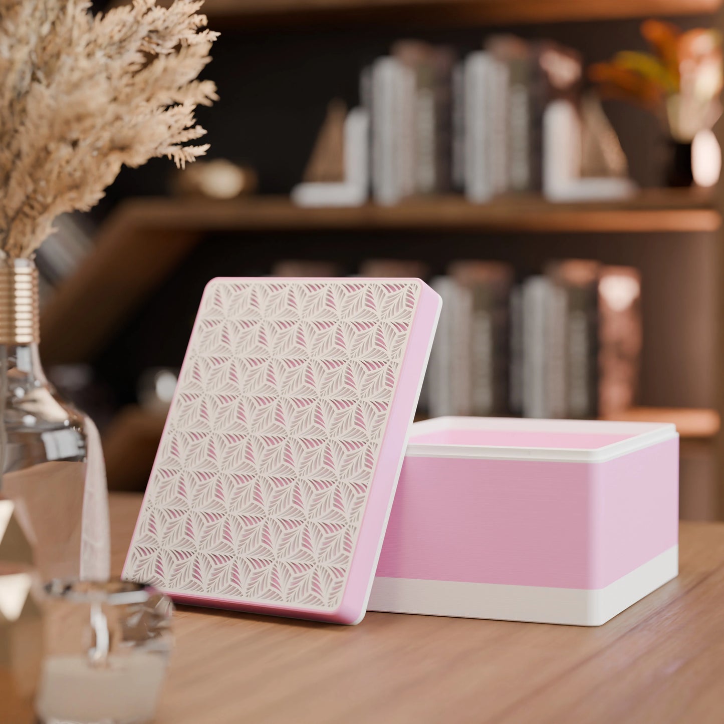 Elegante Geschenkbox, geöffnet, mit Blattmuster, Gross - 25x20x14, Farbe Candy