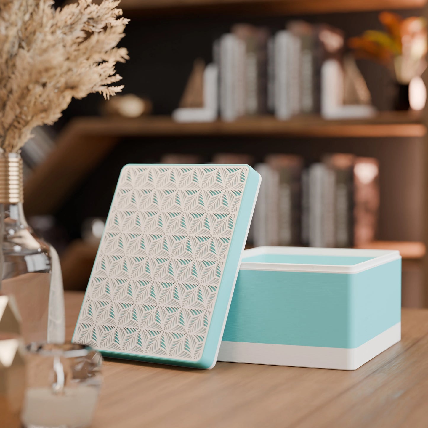 Elegante Geschenkbox, geöffnet, mit Blattmuster, Gross - 25x20x14, Farbe Eis