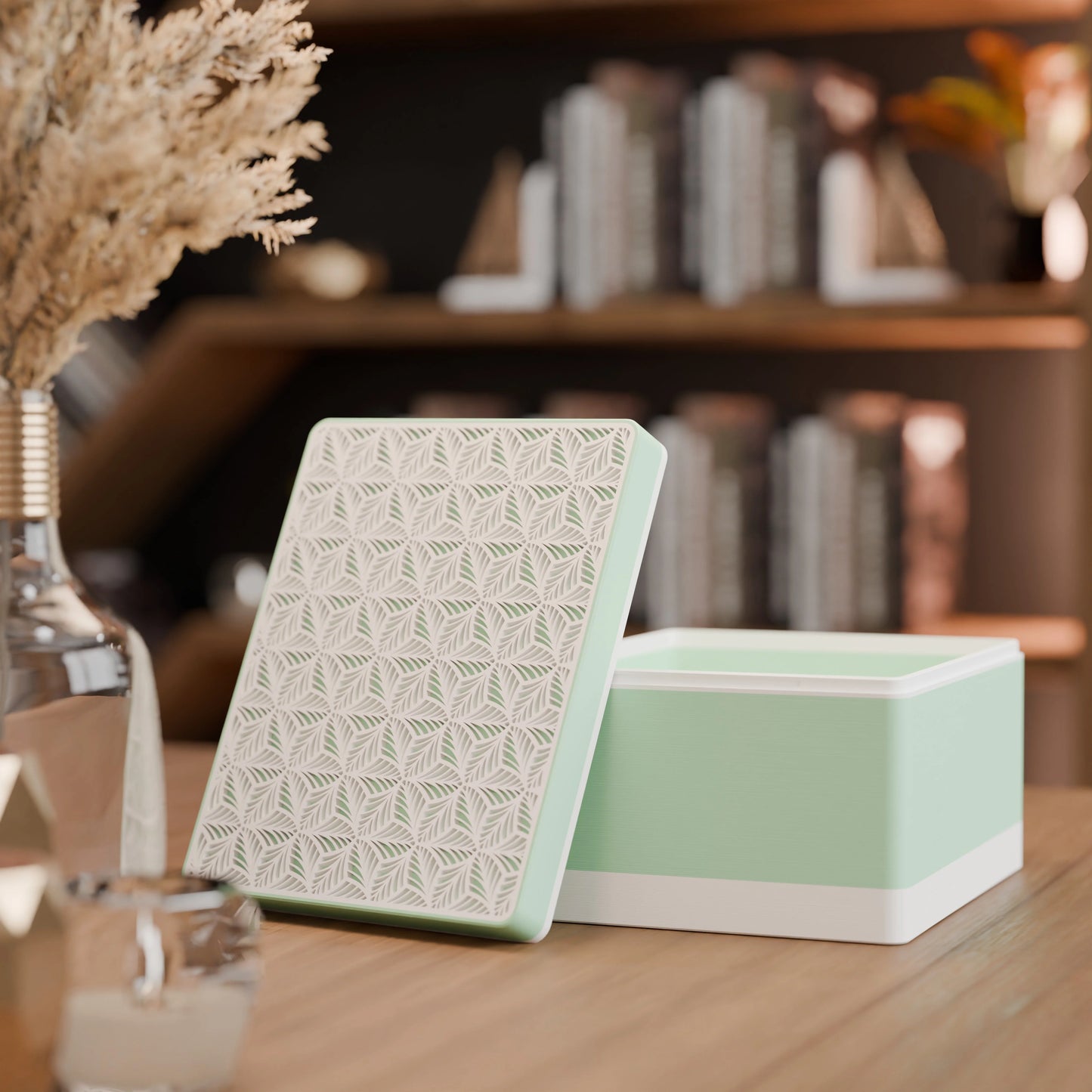 Elegante Geschenkbox, geöffnet, mit Blattmuster, Gross - 25x20x14, Farbe Minze