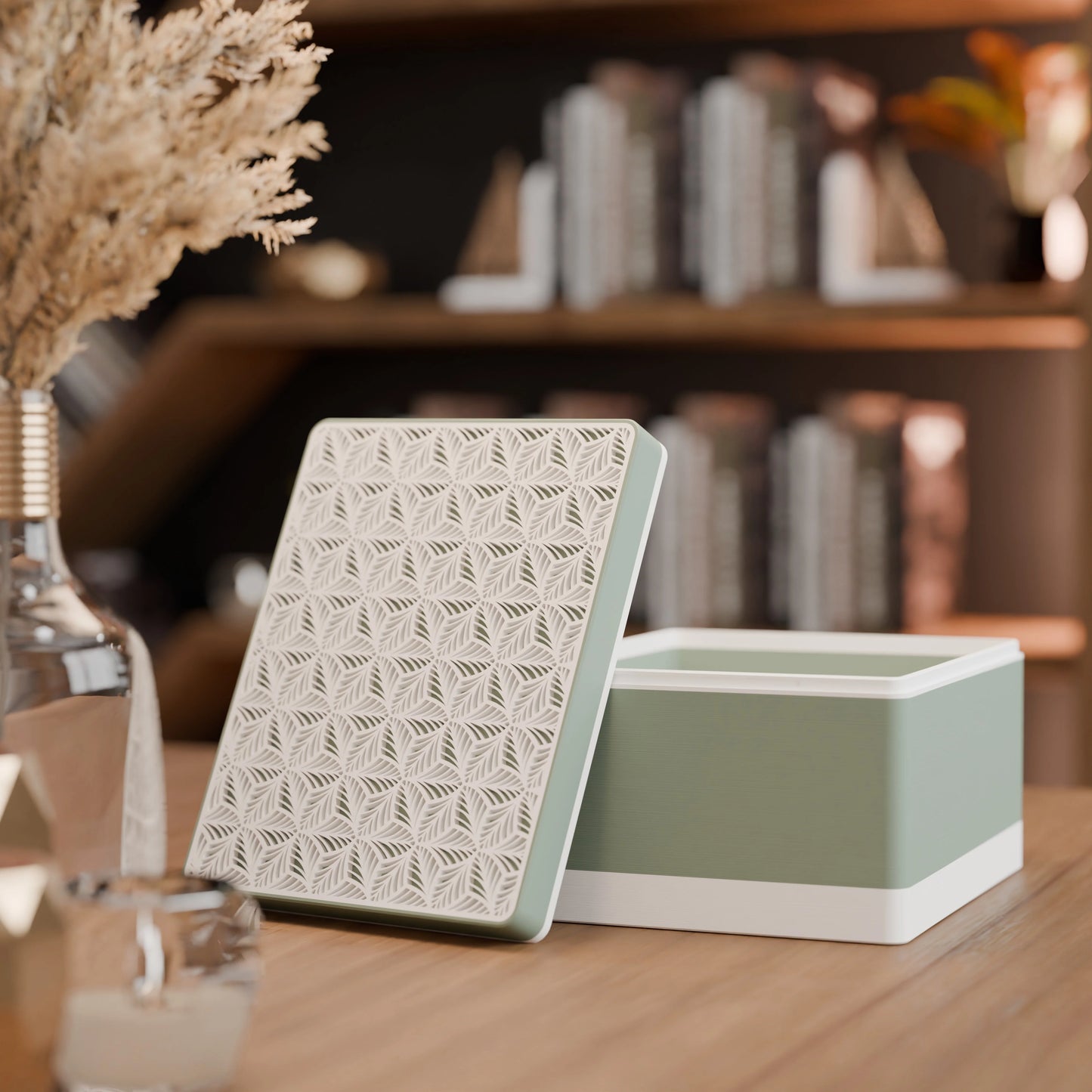 Elegante Geschenkbox, geöffnet, mit Blattmuster, Gross - 25x20x14, Farbe Mattes Grün