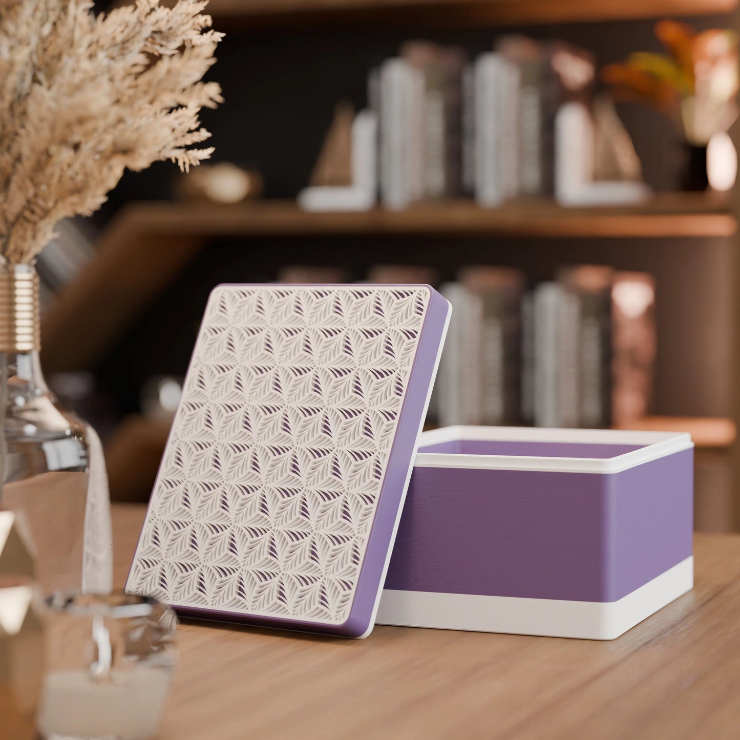Elegante Geschenkbox, geöffnet, mit Blattmuster, Gross - 25x20x14, Farbe Mattes Violett