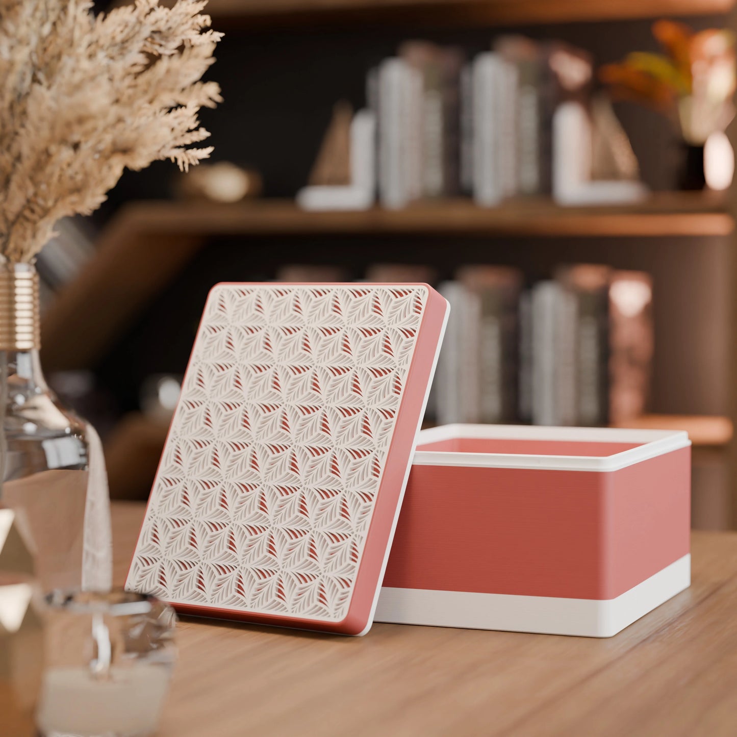 Elegante Geschenkbox, geöffnet, mit Blattmuster, Gross - 25x20x14, Farbe Mattes Rot