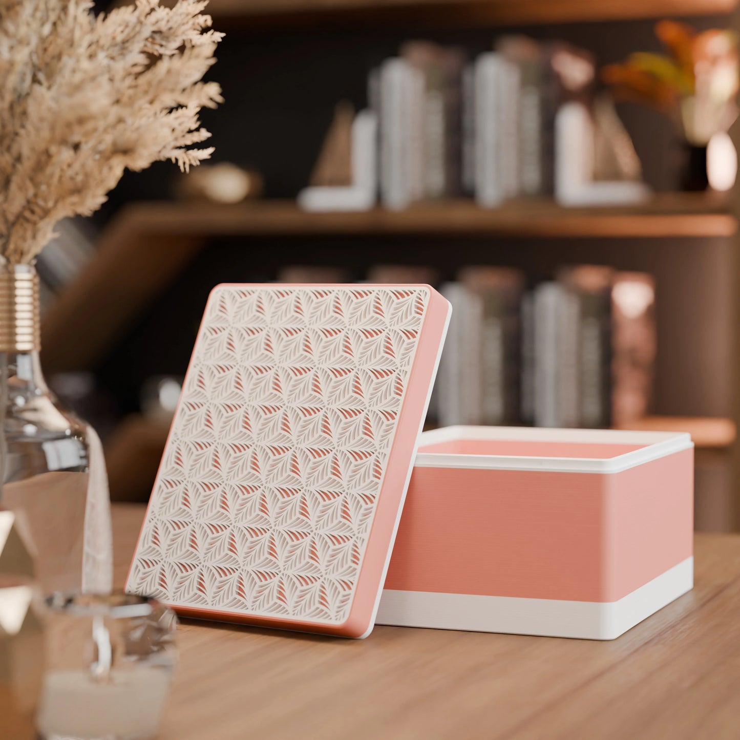 Elegante Geschenkbox, geöffnet, mit Blattmuster, Gross - 25x20x14, Farbe Pfirsich