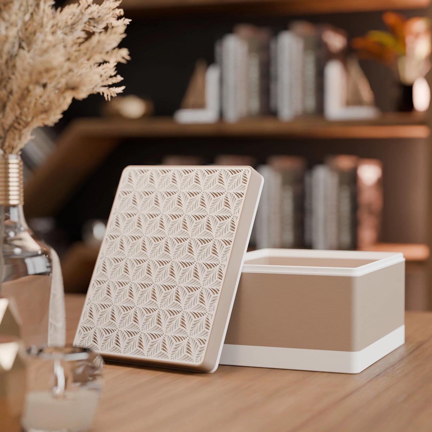 Elegante Geschenkbox, geöffnet, mit Blattmuster, Gross - 25x20x14, Farbe Erdnuss