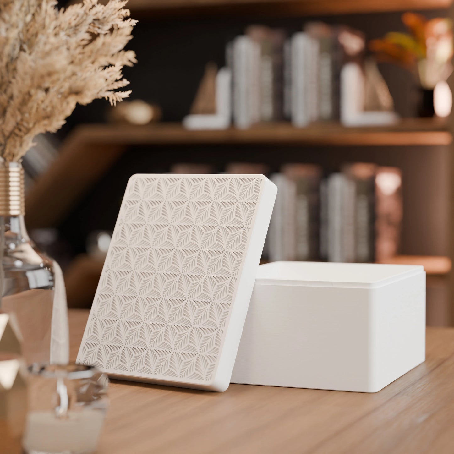 Elegante Geschenkbox, geöffnet, mit Blattmuster, Gross - 25x20x14, Farbe Baumwollweiß