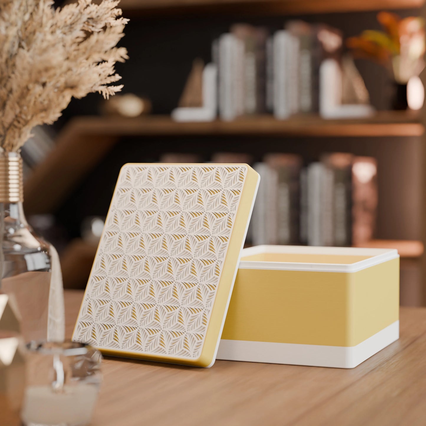 Elegante Geschenkbox, geöffnet, mit Blattmuster, Gross - 25x20x14, Farbe Savannengelb