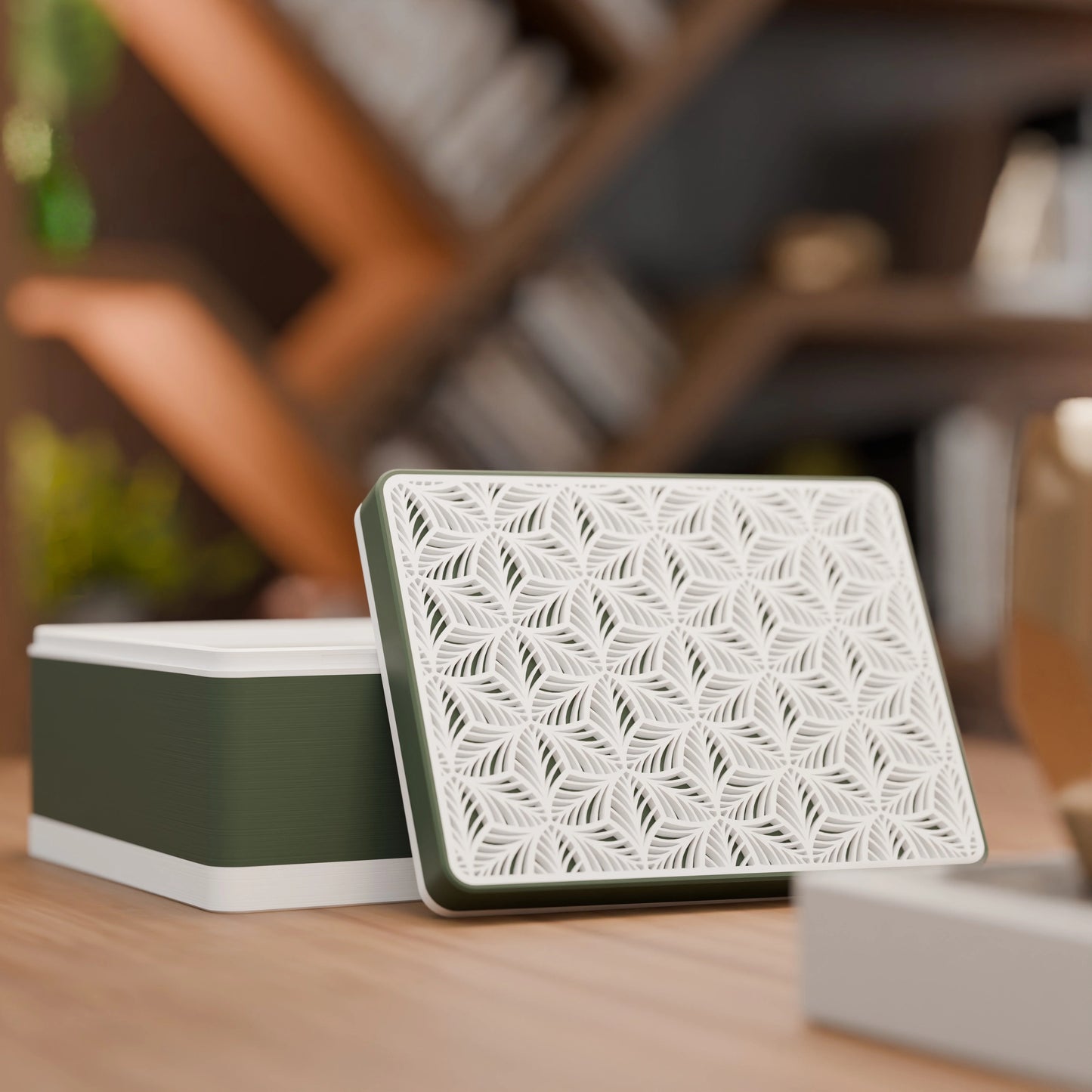 Elegante Geschenkbox, geöffnet, mit Blattmuster, Mittel - 20x15x10, Farbe Army Dunkelgrün