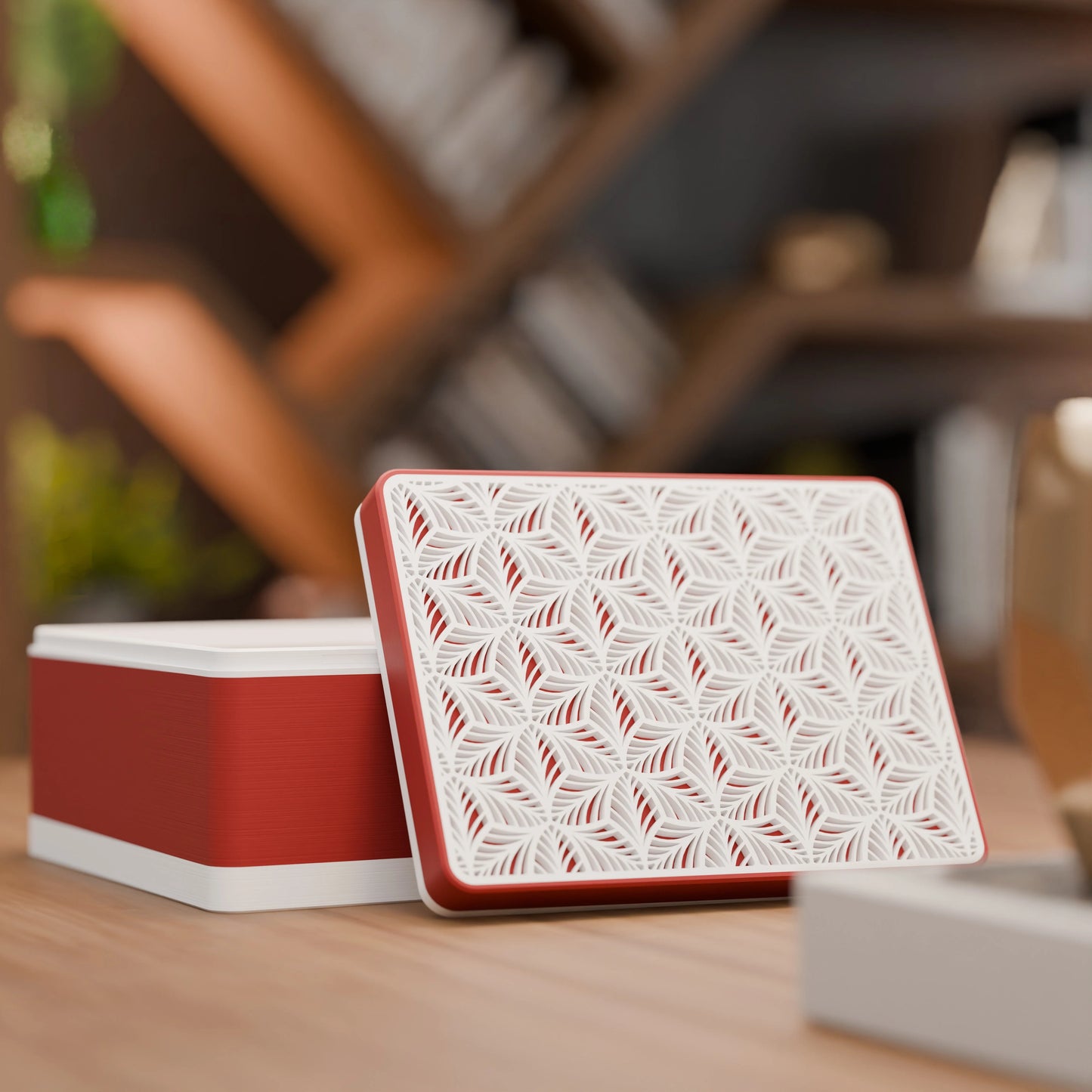Elegante Geschenkbox, geöffnet, mit Blattmuster, Mittel - 20x15x10, Farbe Army Rot