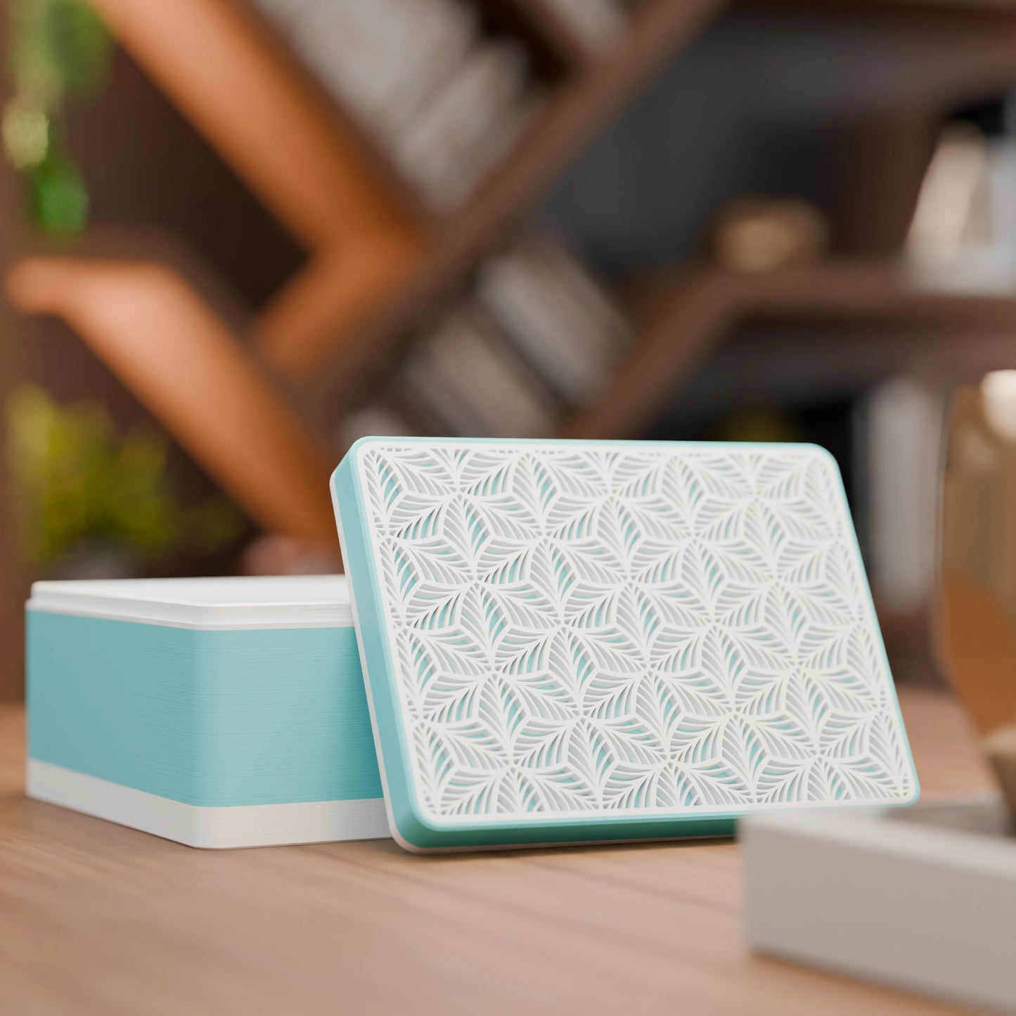 Elegante Geschenkbox, geöffnet, mit Blattmuster, Mittel - 20x15x10, Farbe Eis