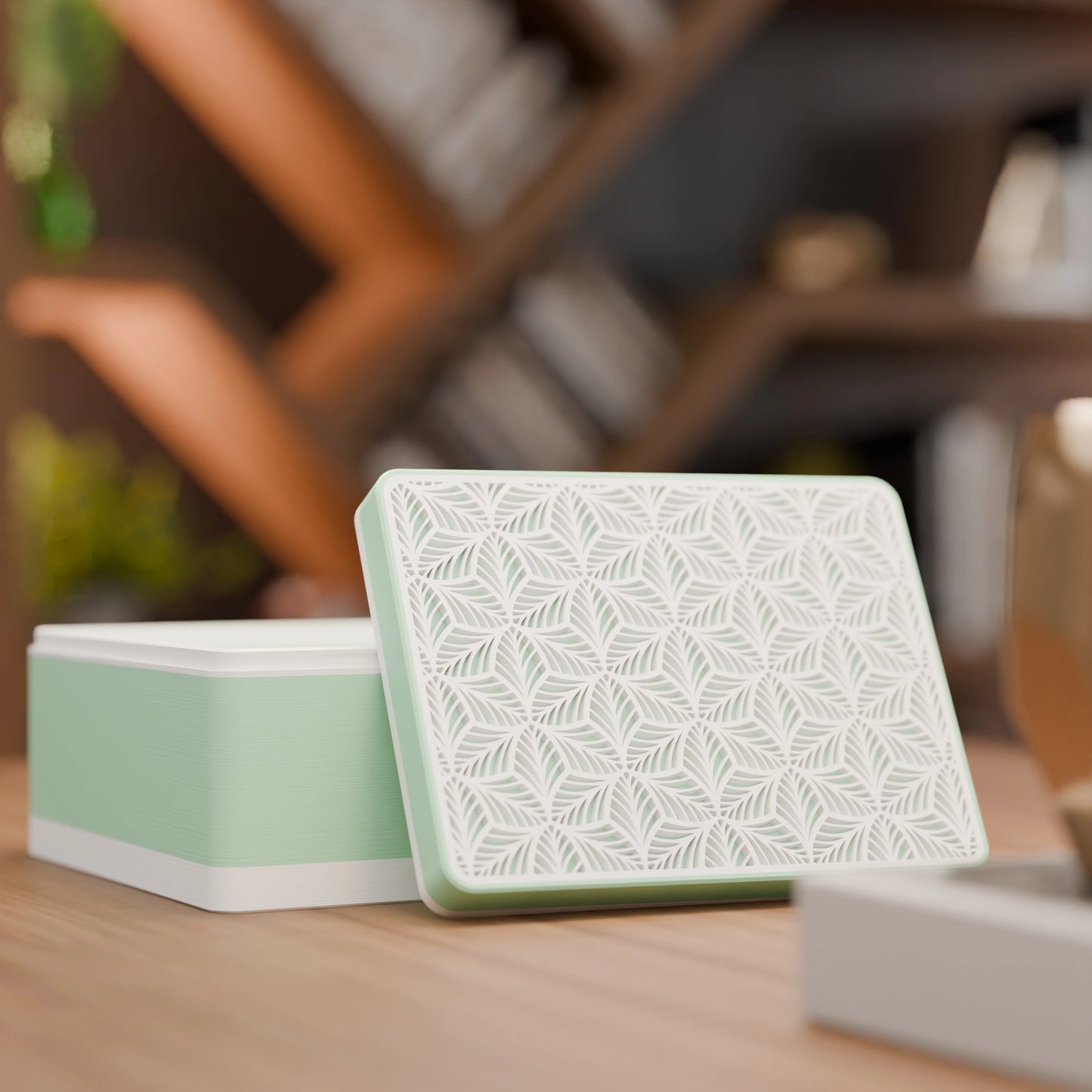 Elegante Geschenkbox, geöffnet, mit Blattmuster, Mittel - 20x15x10, Farbe Minze