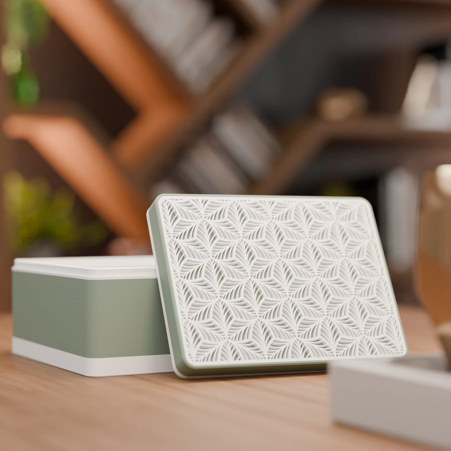 Elegante Geschenkbox, geöffnet, mit Blattmuster, Mittel - 20x15x10, Farbe Mattes Grün