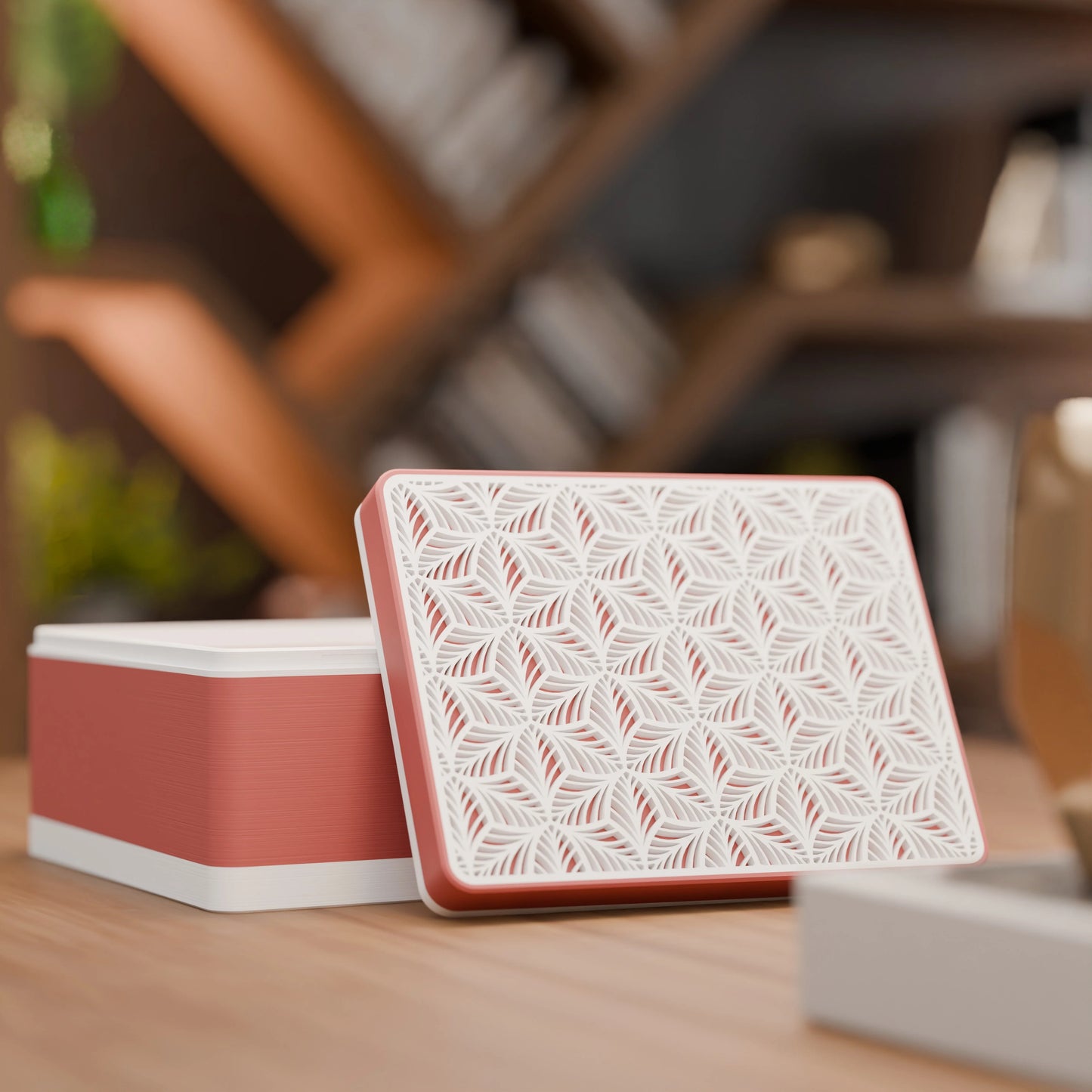 Elegante Geschenkbox, geöffnet, mit Blattmuster, Mittel - 20x15x10, Farbe Mattes Rot