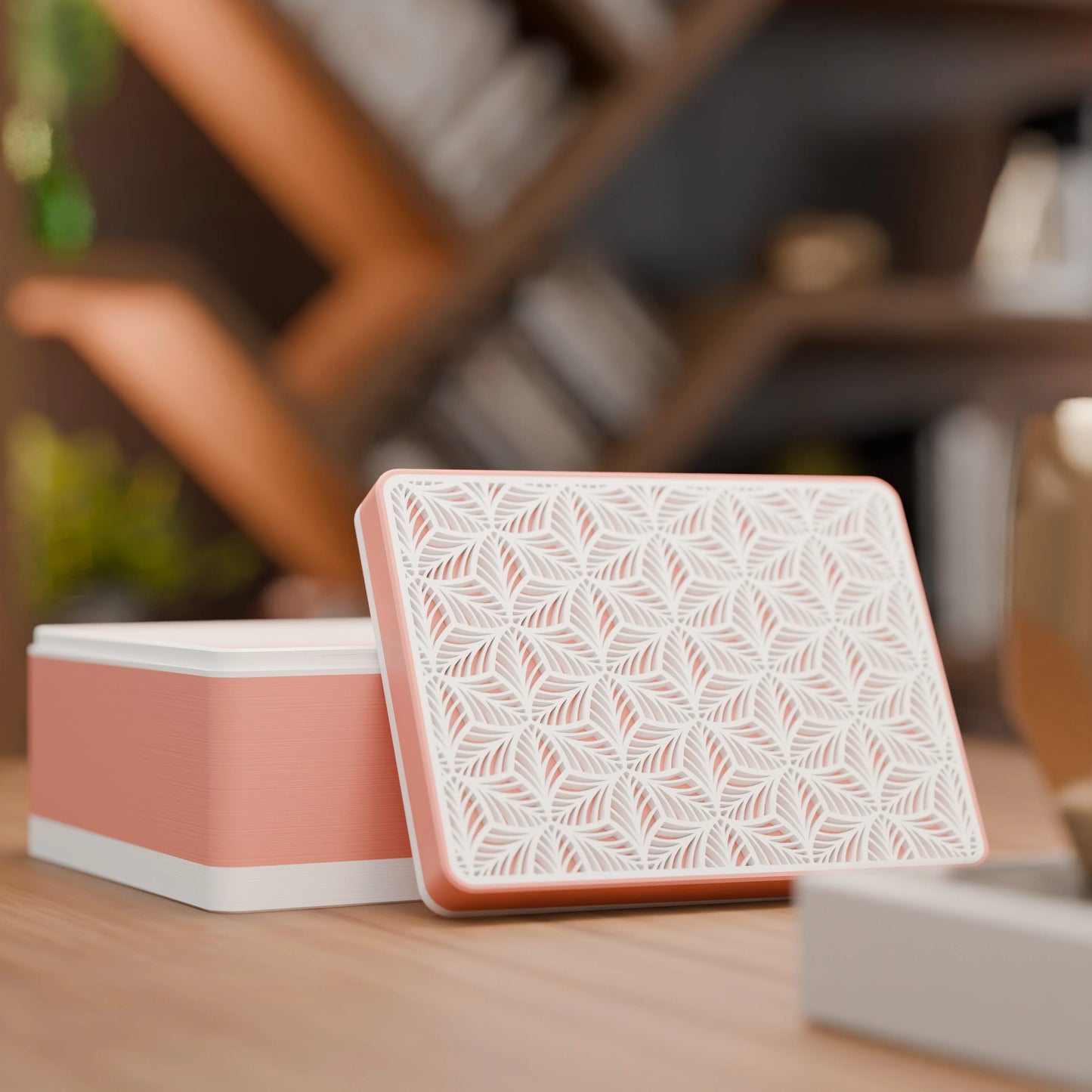 Elegante Geschenkbox, geöffnet, mit Blattmuster, Mittel - 20x15x10, Farbe Pfirsich