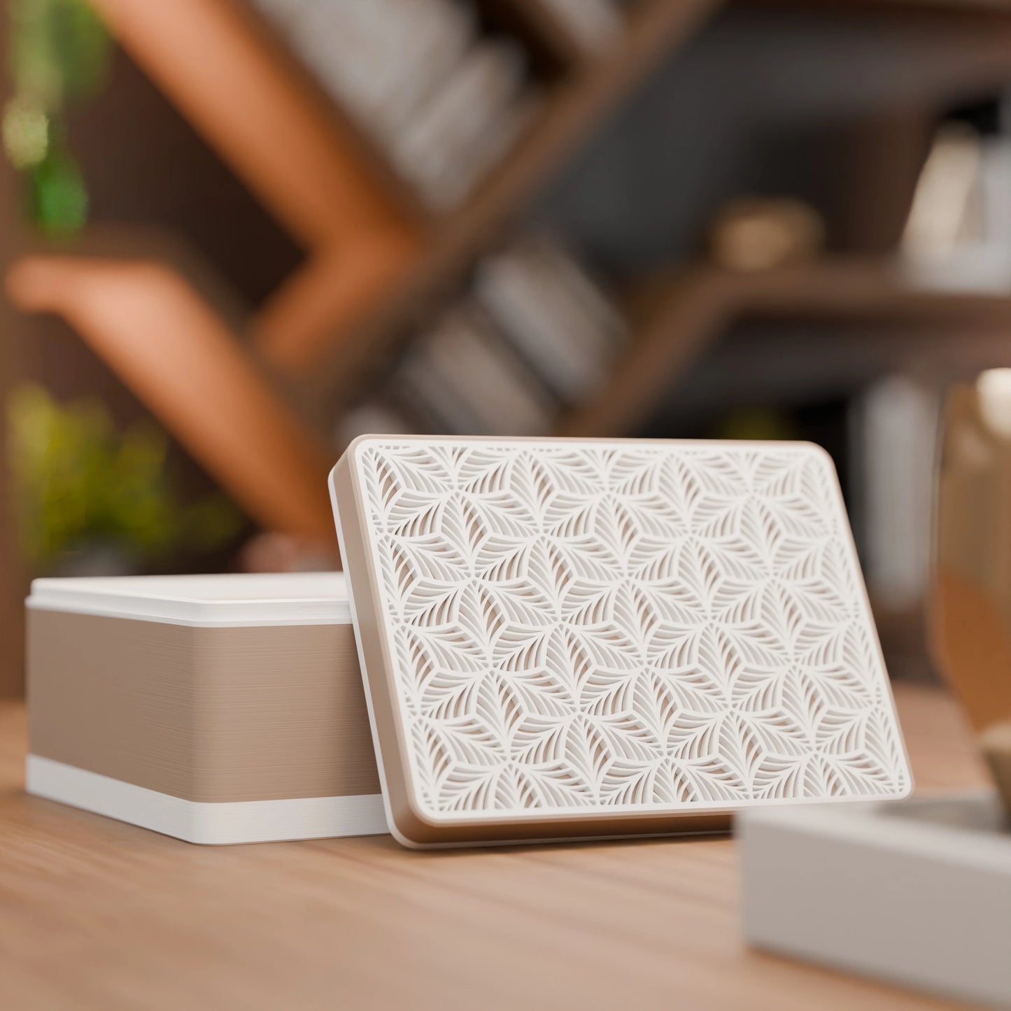 Elegante Geschenkbox, geöffnet, mit Blattmuster, Mittel - 20x15x10, Farbe Erdnuss