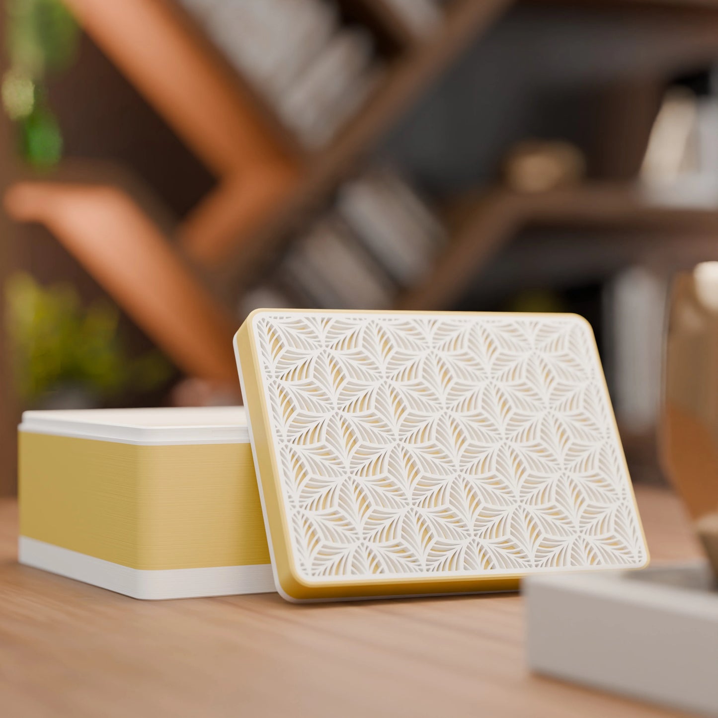 Elegante Geschenkbox, geöffnet, mit Blattmuster, Mittel - 20x15x10, Farbe Savannengelb