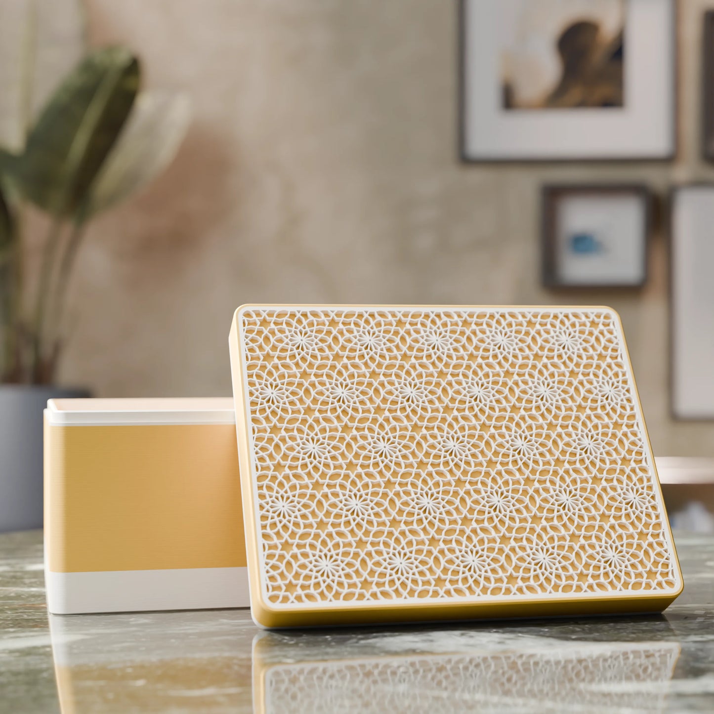 Elegante caja de regalo Arabe con patrón árabe, abierta, Grande - 25x20x14, en color Amarillo Sabana