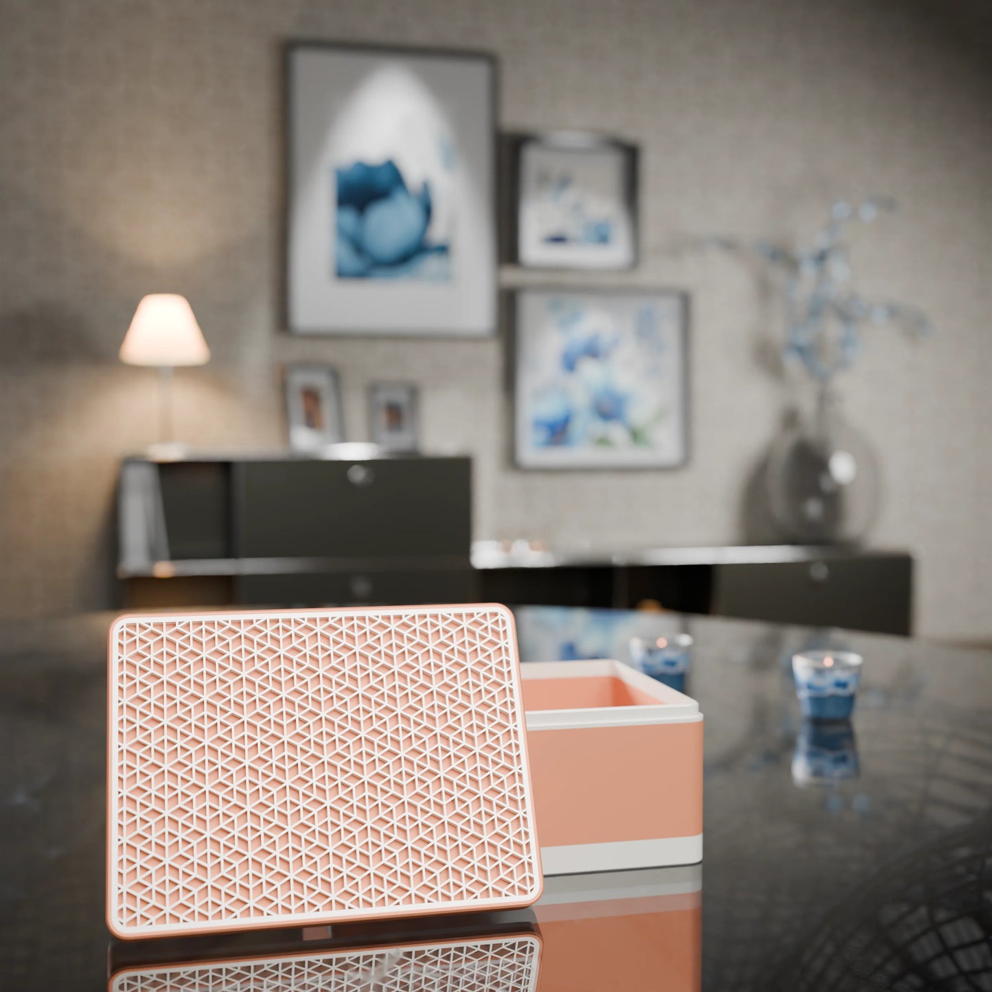 Elegante Geschenkbox mit japanischem Kumikomuster, geöffnet, Mittel - 20x15x10, Pfirsich