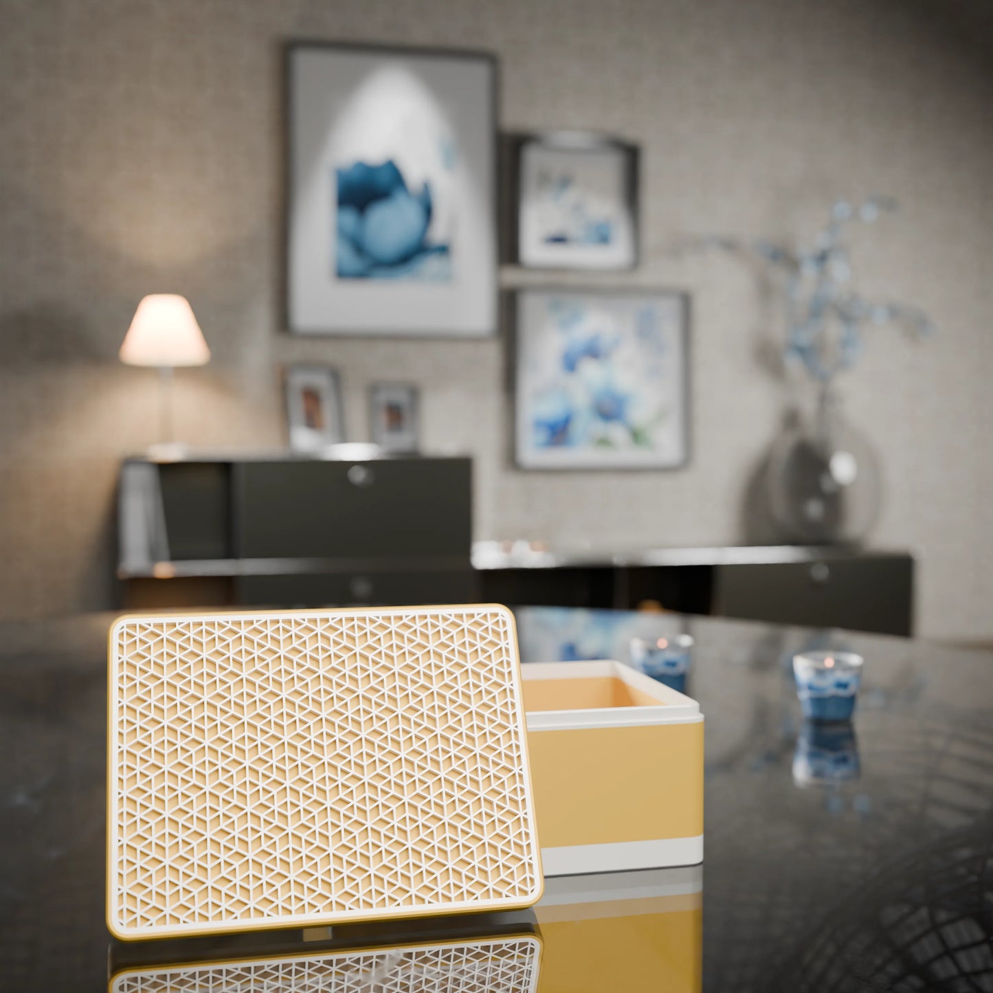 Elegante Geschenkbox mit japanischem Kumikomuster, geöffnet, Mittel - 20x15x10, Savannengelb