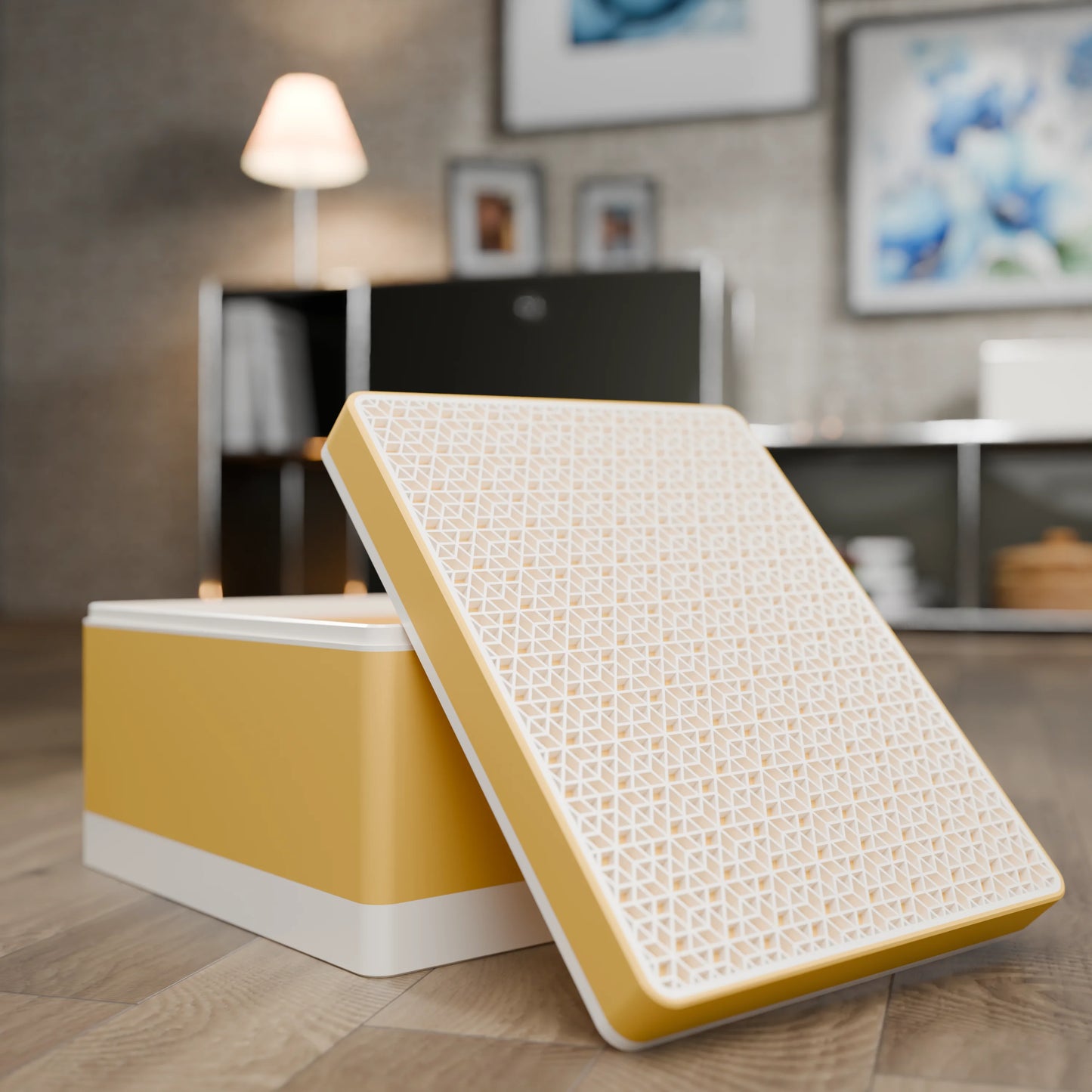 Elegante Geschenkbox mit japanischem Kumikomuster, geöffnet, Gross - 25x20x14, Savannengelb