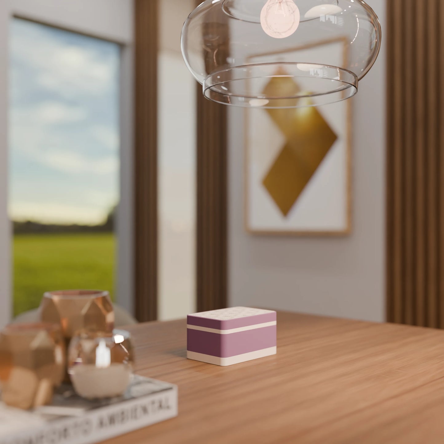 Elegante Geschenkbox auf einem Tisch, mit Blattmuster, Klein - 15x10x8, Farbe Mattes Violett