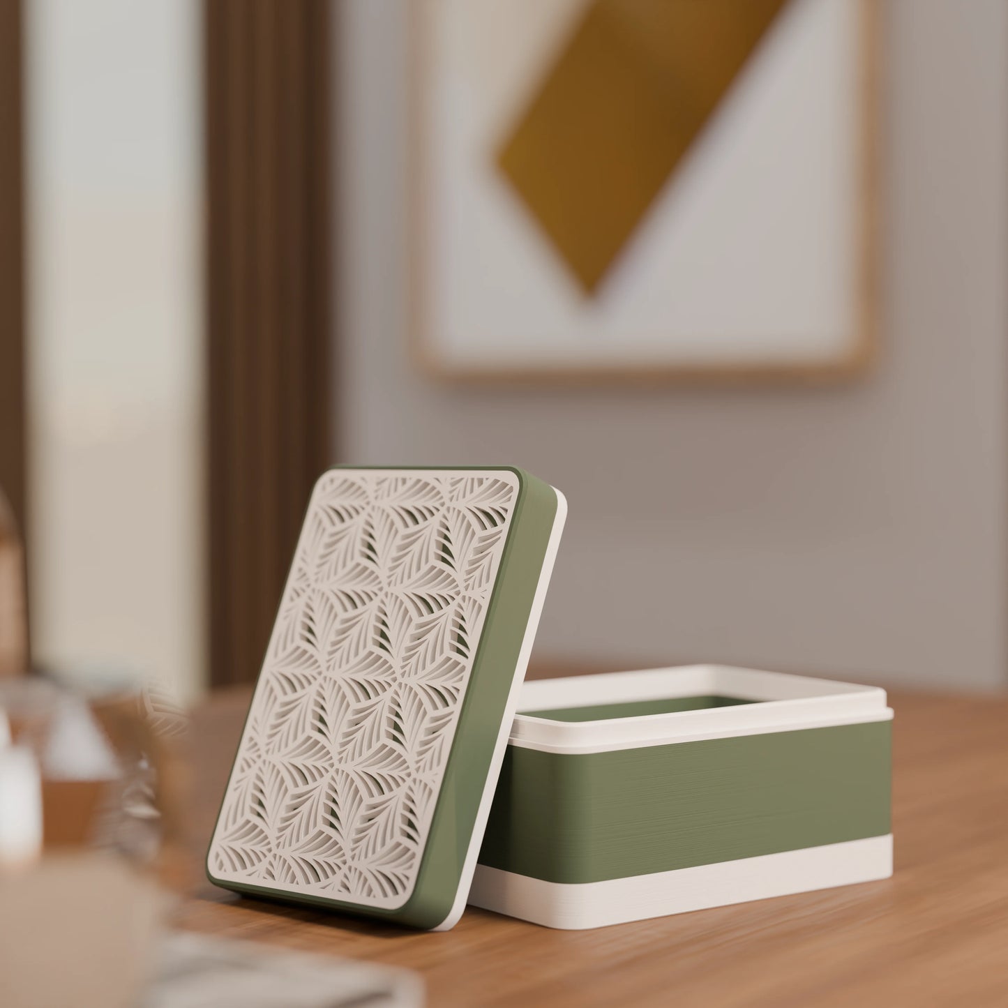 Elegante Geschenkbox, geöffnet, mit Blattmuster, Klein - 15x10x8, Farbe Army Dunkelgrün