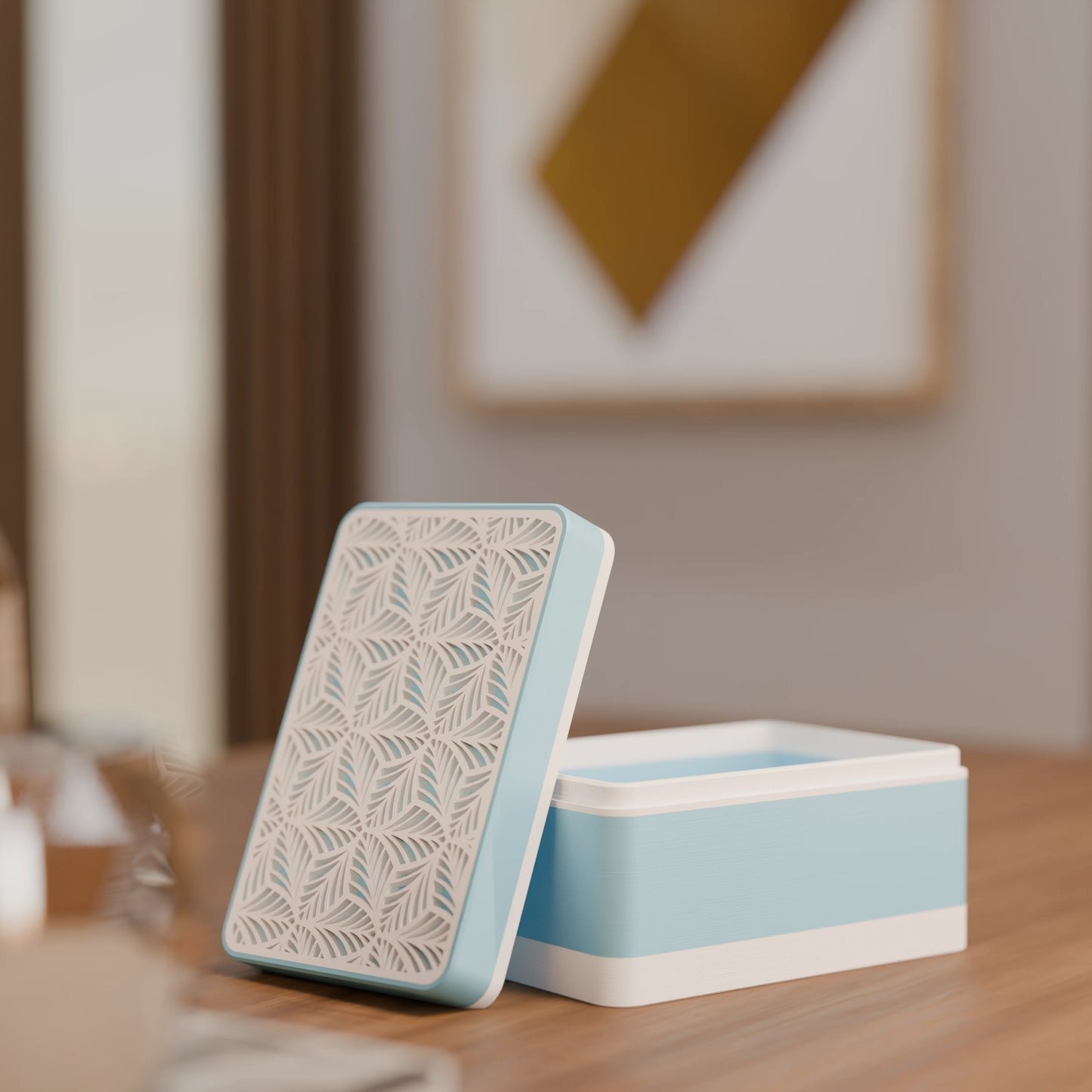 Elegante Geschenkbox, geöffnet, mit Blattmuster, Klein - 15x10x8, Farbe Eis