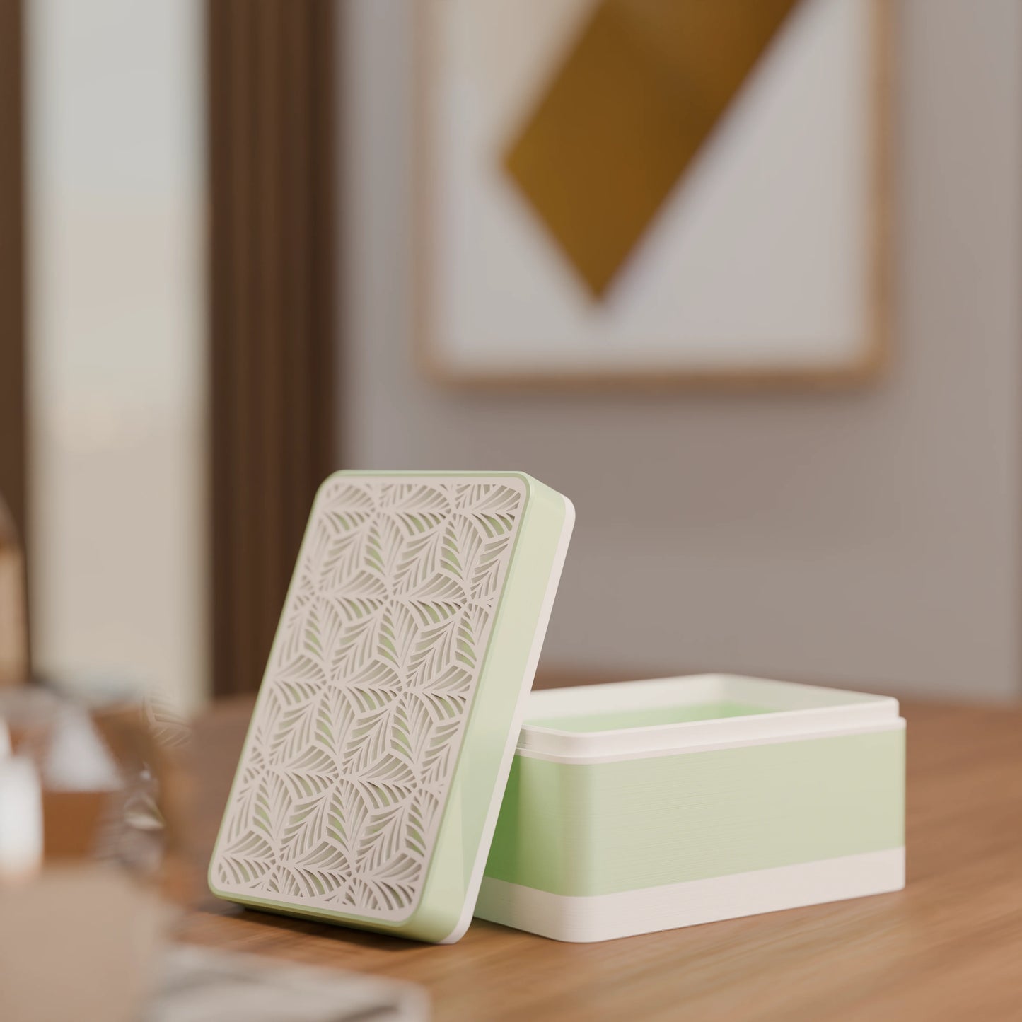 Elegante Geschenkbox, geöffnet, mit Blattmuster, Klein - 15x10x8, Farbe Minze