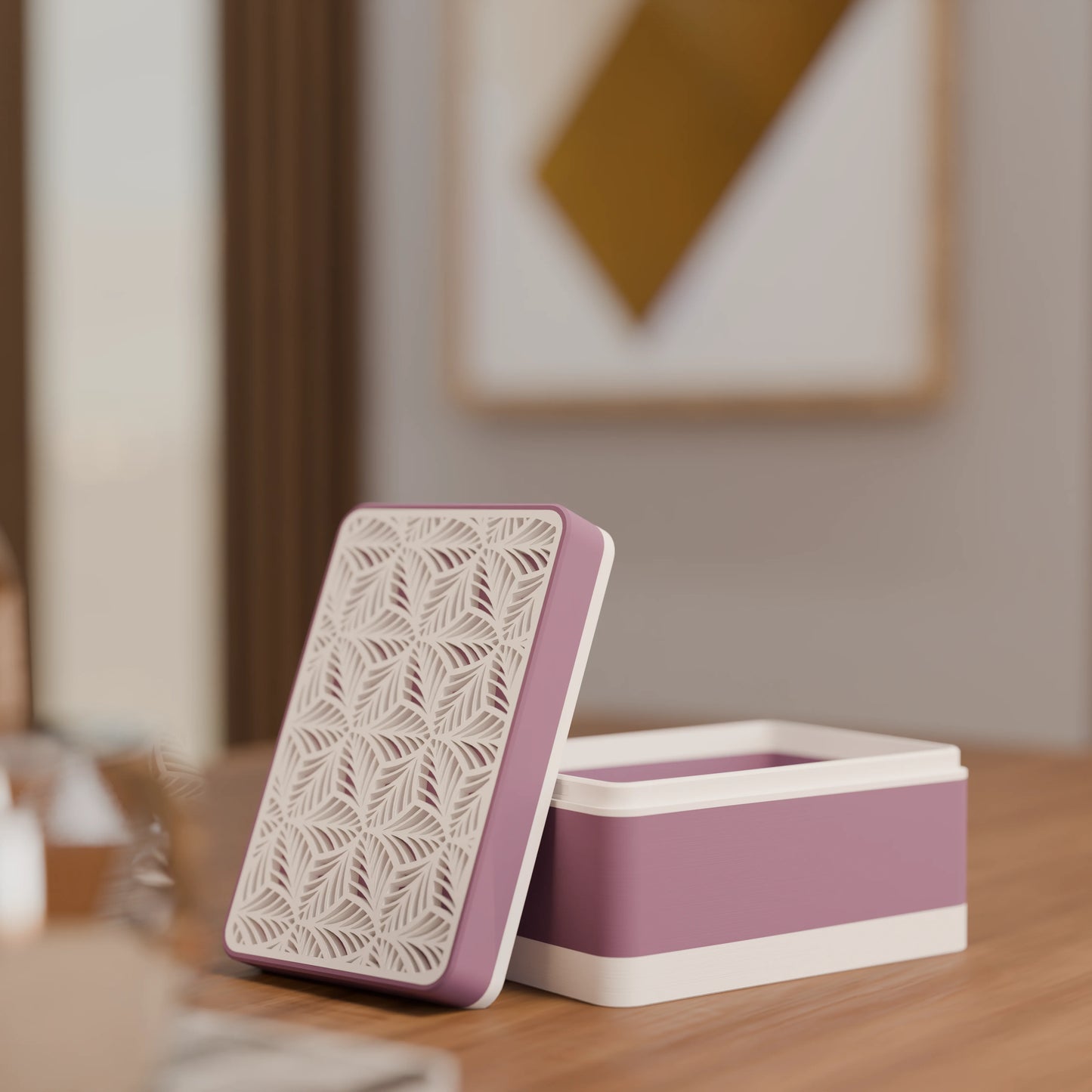 Elegante Geschenkbox, geöffnet, mit Blattmuster, Klein - 15x10x8, Farbe Mattes Violett