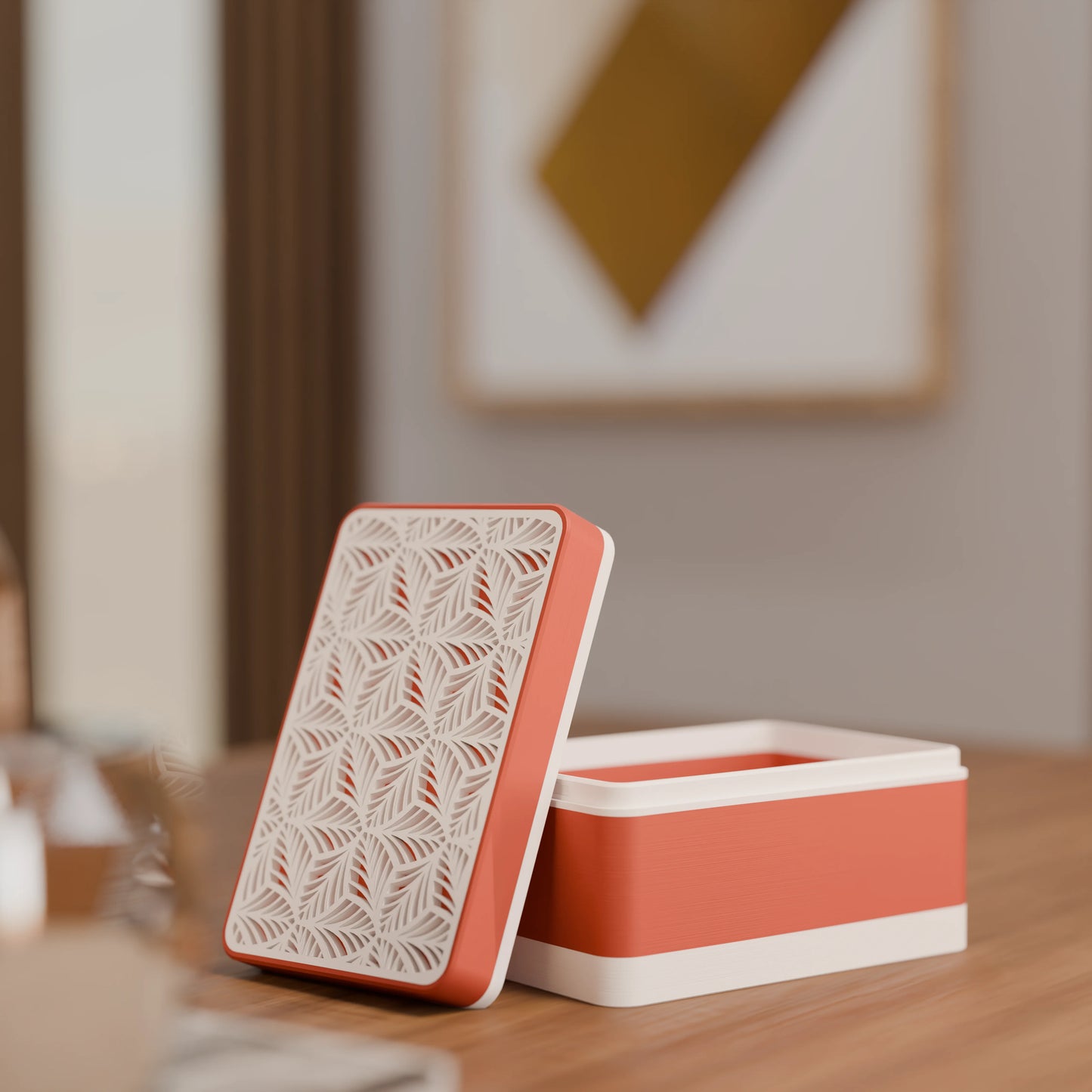 Elegante Geschenkbox, geöffnet, mit Blattmuster, Klein - 15x10x8, Farbe Mattes Rot
