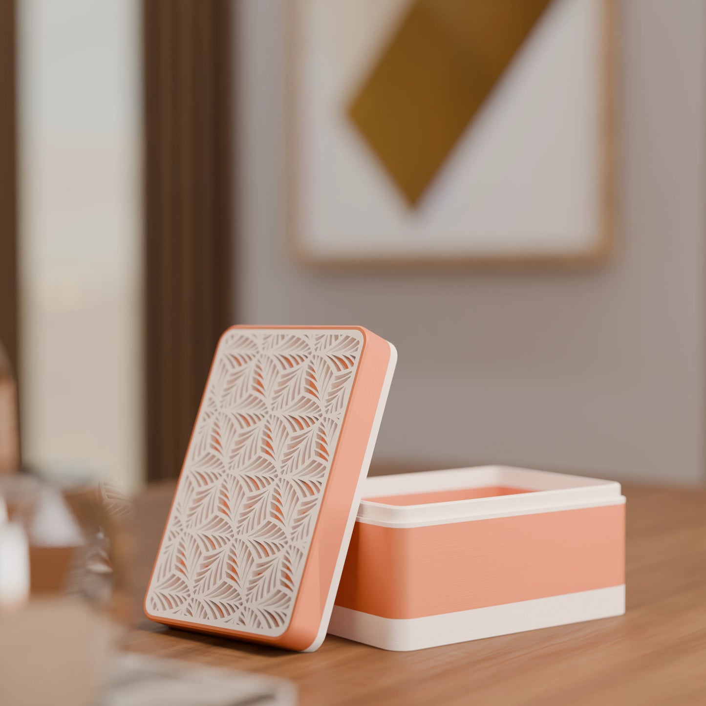 Elegante Geschenkbox, geöffnet, mit Blattmuster, Klein - 15x10x8, Farbe Pfirsich