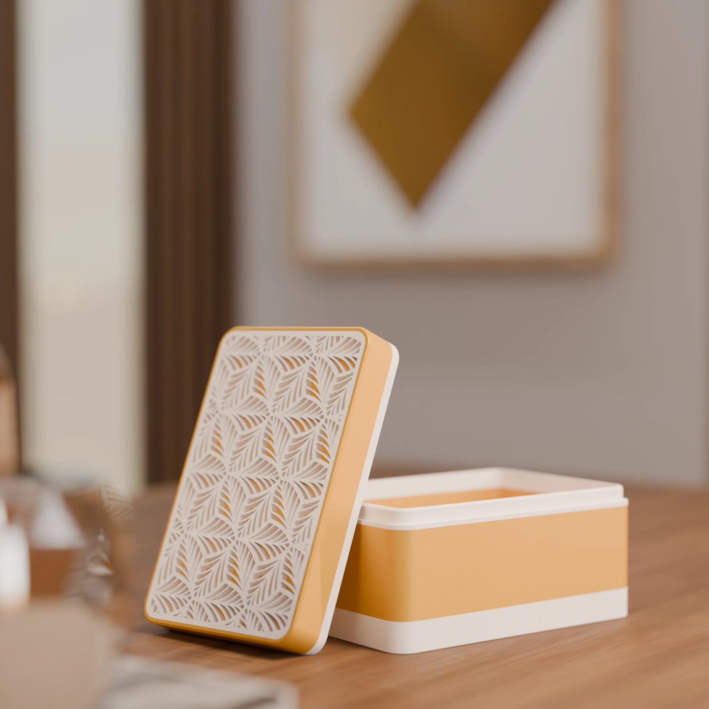 Elegante Geschenkbox, geöffnet, mit Blattmuster, Klein - 15x10x8, Farbe Savannengelb