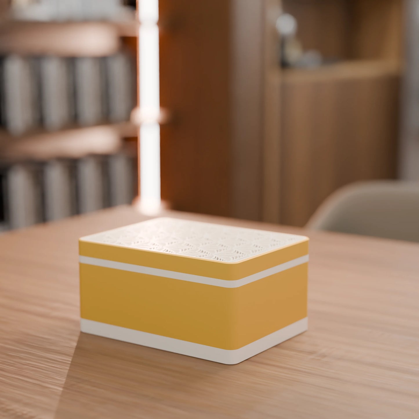 Elegante Geschenkbox von oben, mit Blattmuster, Mittel - 20x15x10, Farbe Savannengelb