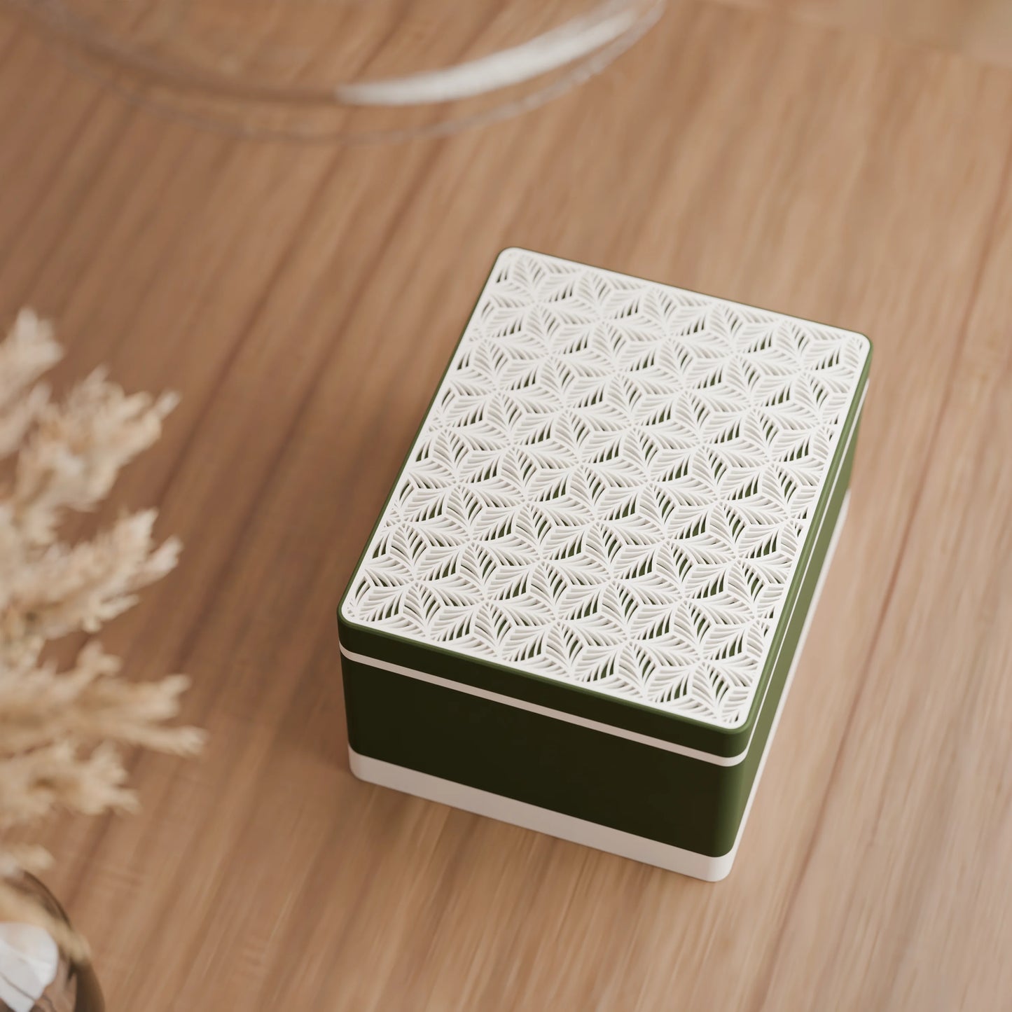 Elegante Geschenkbox von oben, mit Blattmuster, Gross - 25x20x14, Farbe Army Dunkelgrün