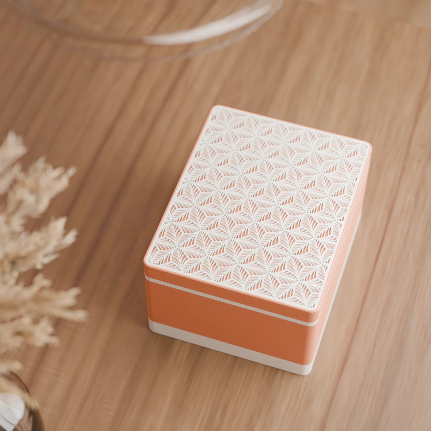 Elegante Geschenkbox von oben, mit Blattmuster, Gross - 25x20x14, Farbe Pfirsich