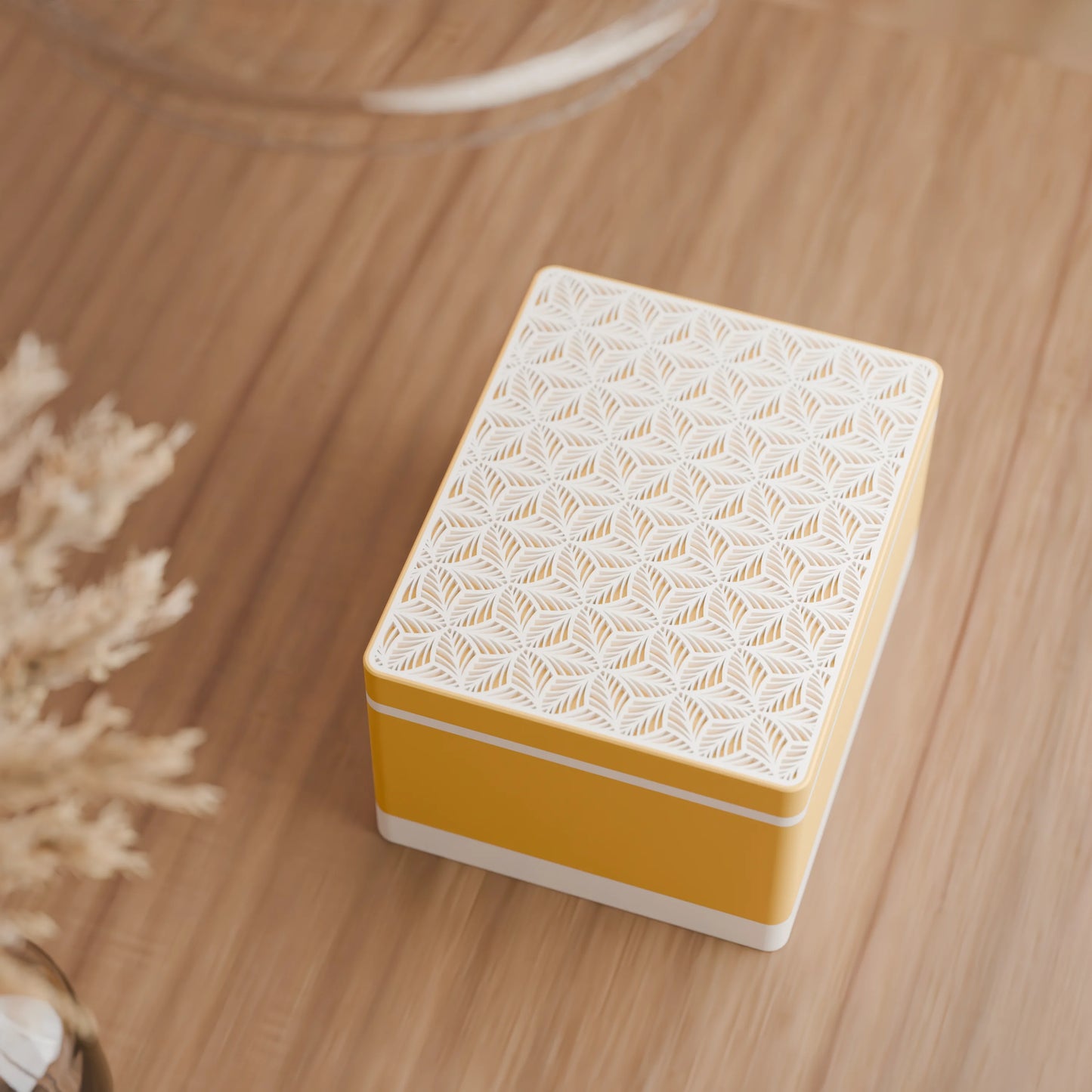 Elegante Geschenkbox von oben, mit Blattmuster, Gross - 25x20x14, Farbe Savannengelb