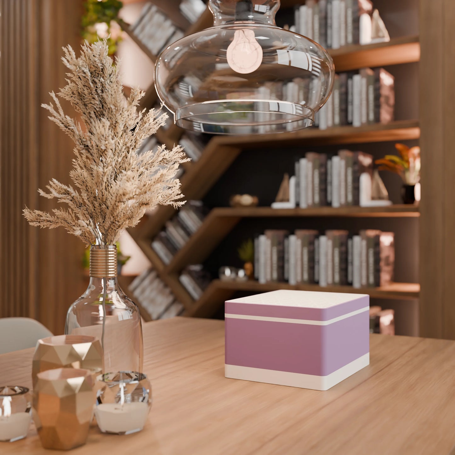 Elegante Geschenkbox auf einem Tisch, mit Blattmuster, Gross - 25x20x14, Farbe Mattes Violett