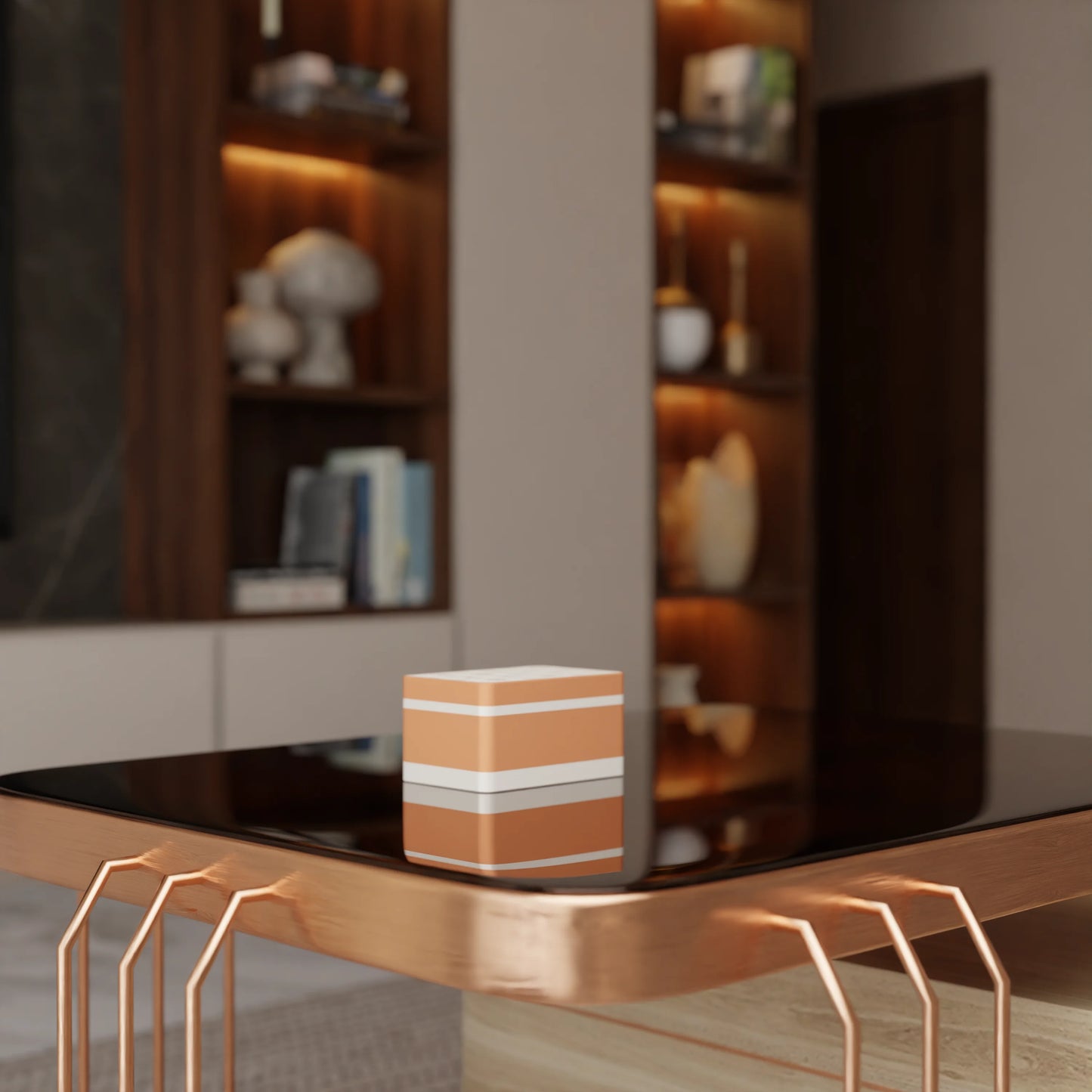 Elegant gift box Triangle with modern pattern on a table, Small - 15x10x8, in color Peach