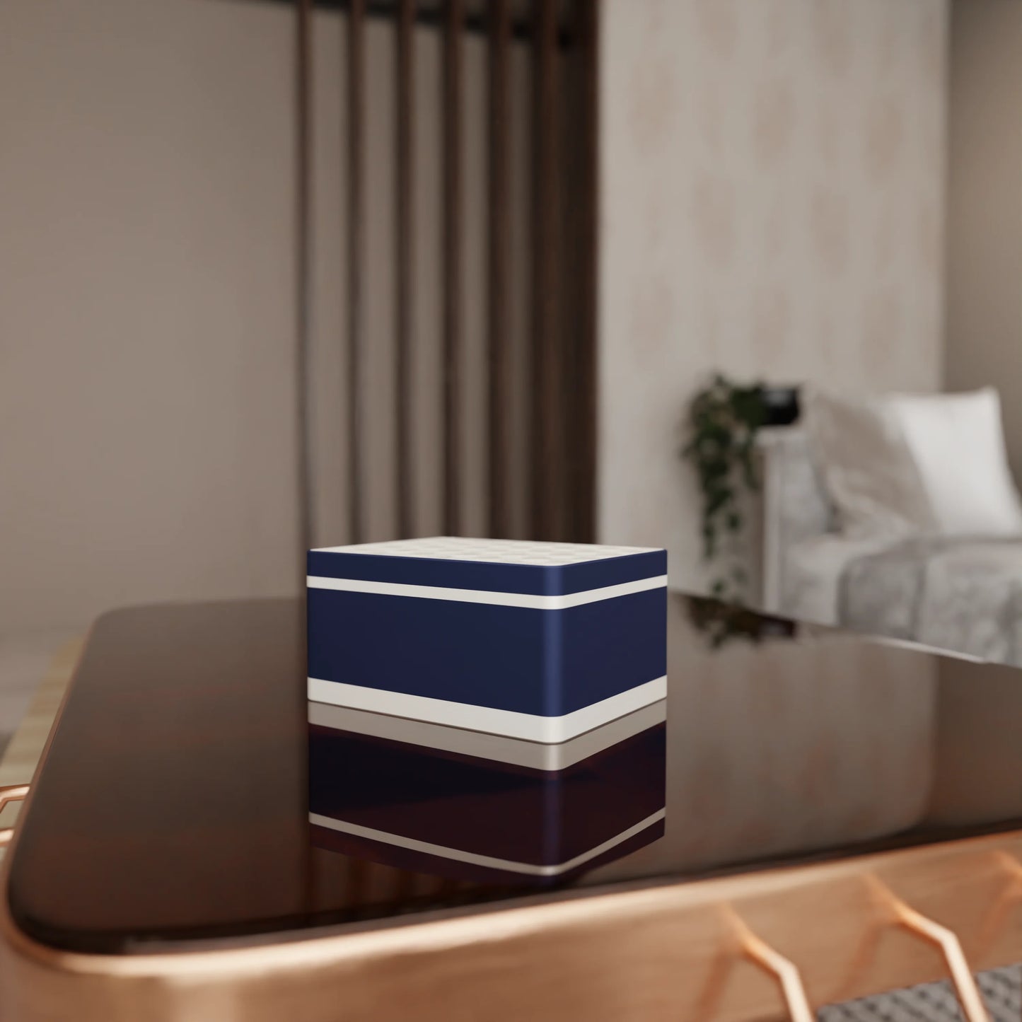 Elegant gift box Triangle with modern pattern on a table, Medium - 20x15x10, in color Army Dark Blue