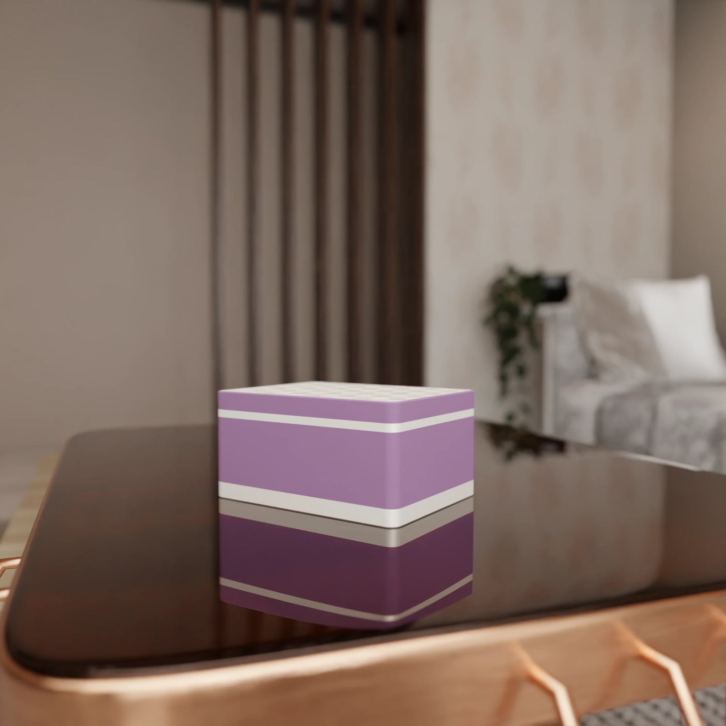 Elegant gift box Triangle with modern pattern on a table, Medium - 20x15x10, in color Muted Purple