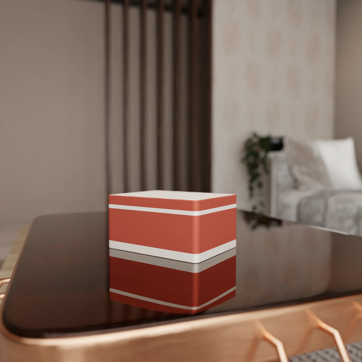 Elegant gift box Triangle with modern pattern on a table, Medium - 20x15x10, in color Matt Red