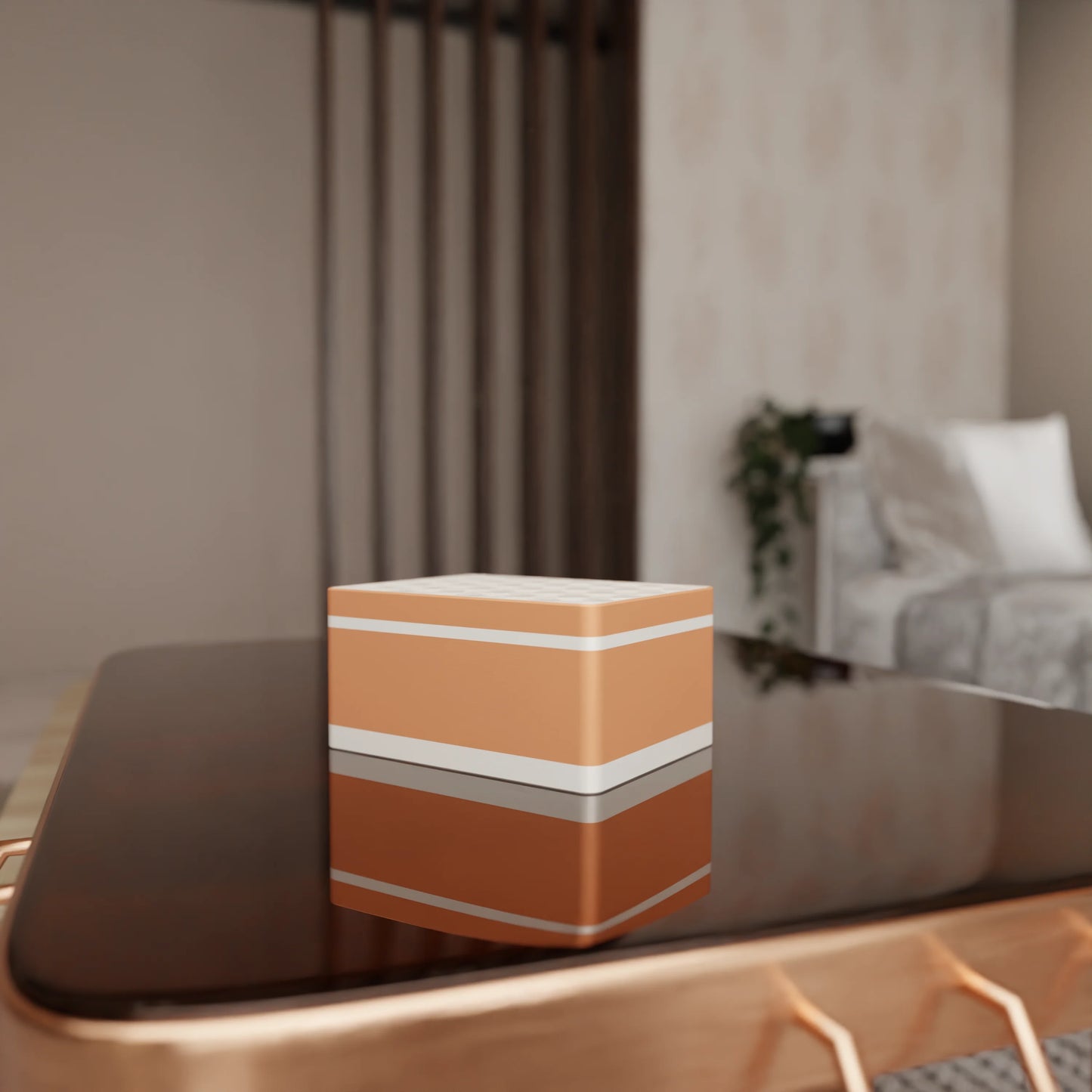 Elegant gift box Triangle with modern pattern on a table, Medium - 20x15x10, in color Peach