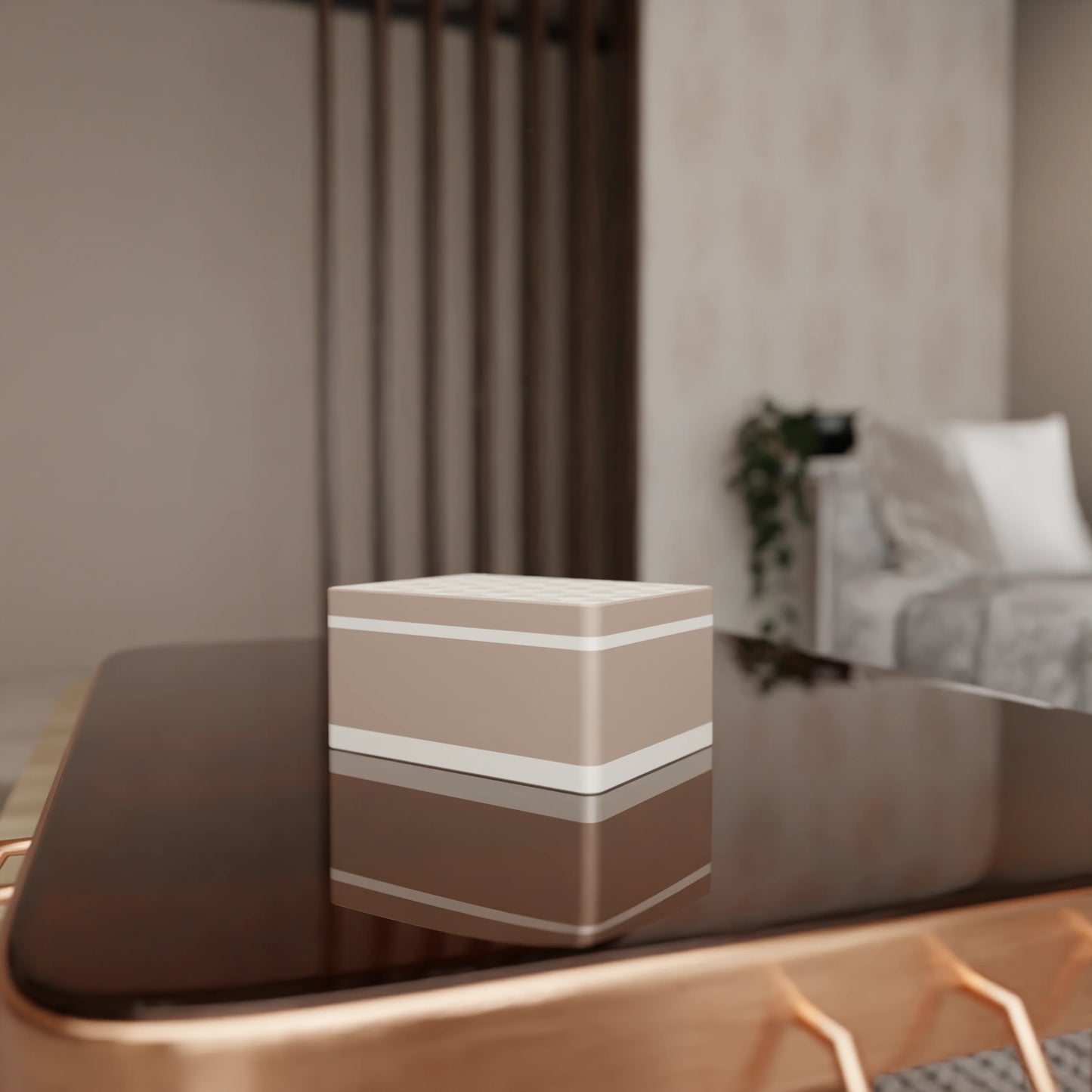 Elegant gift box Triangle with modern pattern on a table, Medium - 20x15x10, in color Peanut