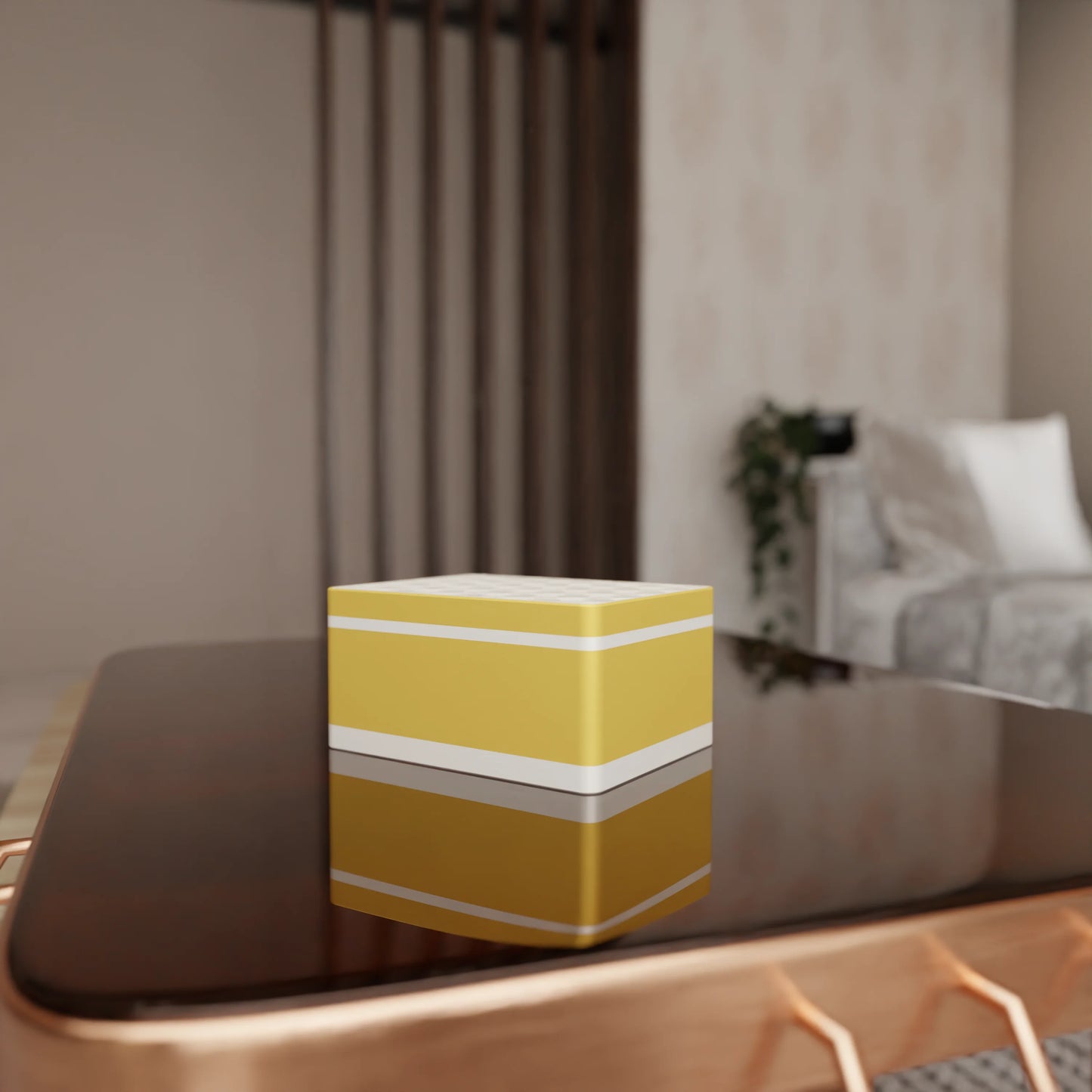 Elegant gift box Triangle with modern pattern on a table, Medium - 20x15x10, in color Savannah Yellow