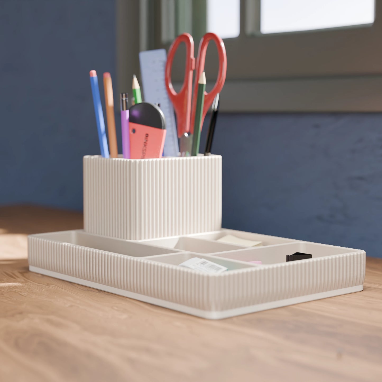 Praktischer Schreibtisch Organizer Doric von der Seite in der Farbe Army Beige
