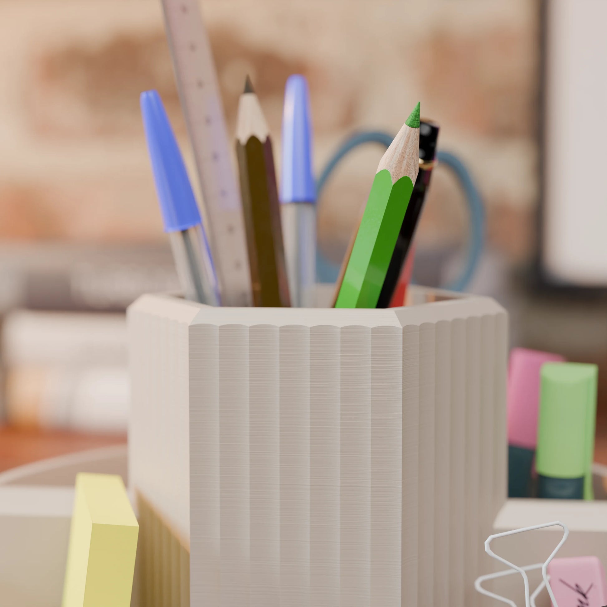 Close-up of desk organizer Harmonix with pens in color Army Beige